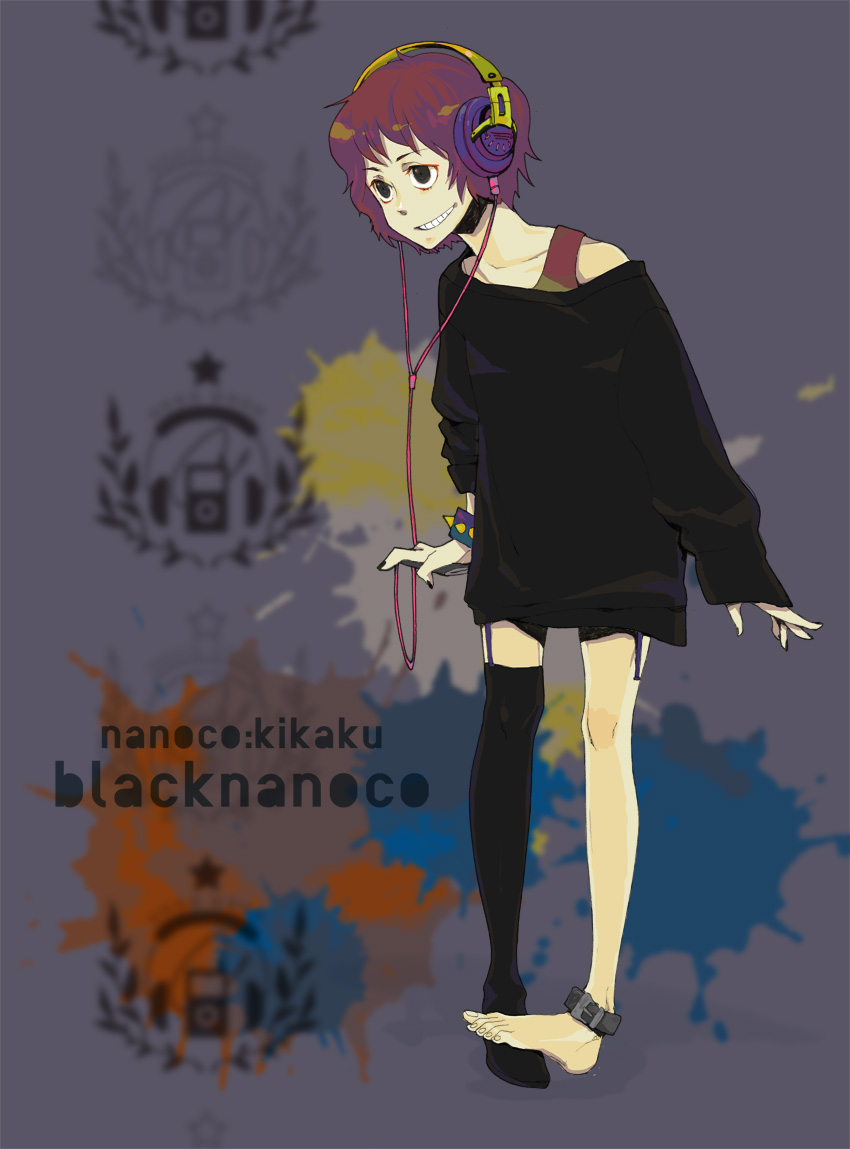 kajiwara shikaji, original, bad id, bad pixiv id, commentary request, 1girl, anklet, barefoot, belt, black eyes, black nails, bob cut, bracelet, brown hair, feet, female focus, garter belt, grin, headphones, jewelry, legs, long sleeves, mp3 player, nail polish, off shoulder, pale skin, shirt slip, short hair, sleeves past wrists, smile, solo, sweater, tank top, thighhighs, zettai ryouiki