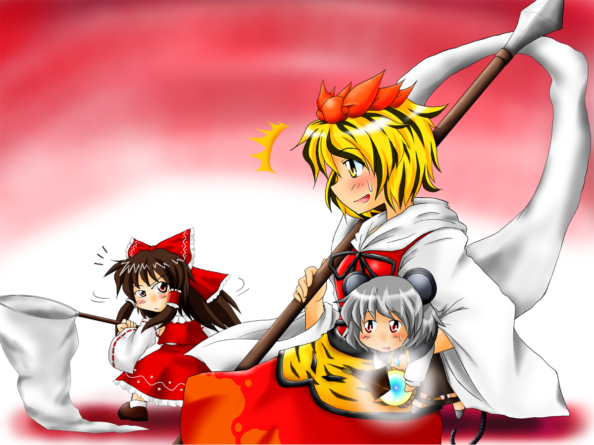 megumi yukari, hakurei reimu, nazrin, toramaru shou, touhou, 3girls, animal ears, bishamonten's pagoda, blonde hair, bow, brown hair, butterfly net, detached sleeves, female focus, gradient background, grey hair, hair ornament, hand net, japanese clothes, jewelry, miko, mouse ears, mouse tail, multicolored hair, multiple girls, net, pendant, polearm, red eyes, shawl, short hair, skirt, spear, tail, weapon, white background, yellow eyes