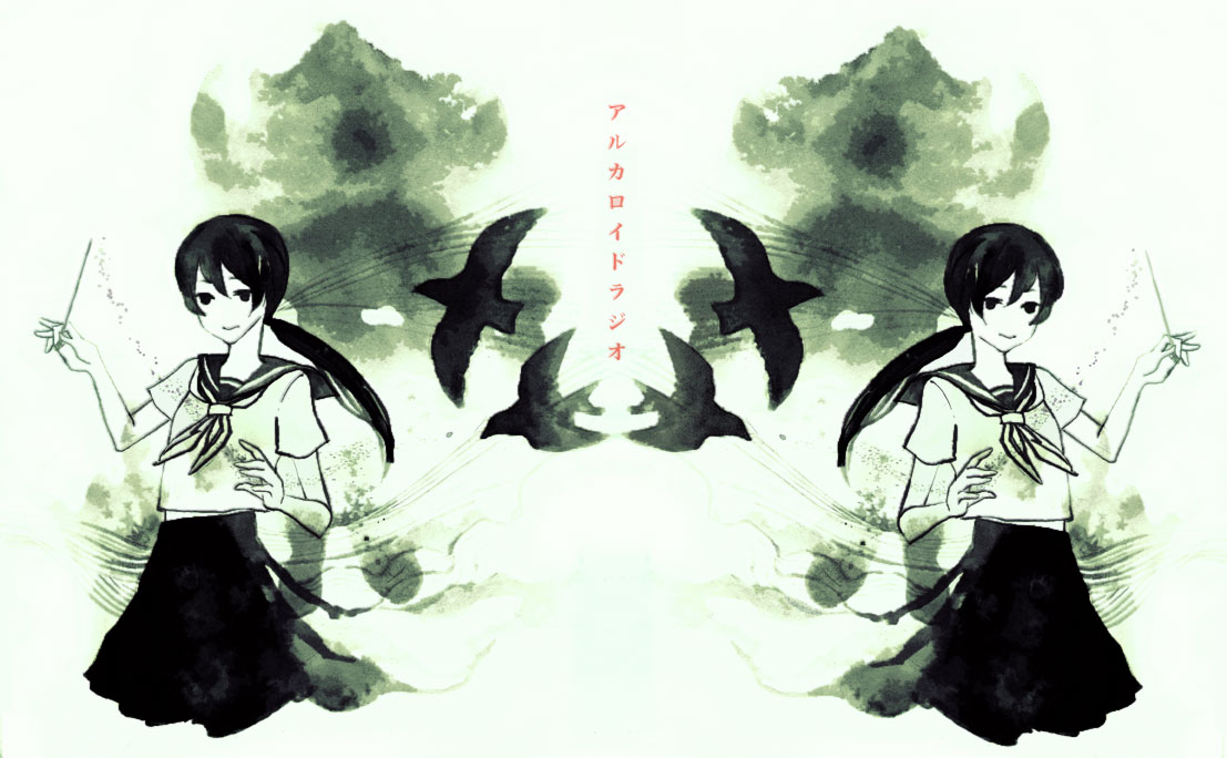 kajiwara shikaji, original, bad id, bad pixiv id, commentary, translated, 1girl, bird, green theme, monochrome, ponytail, school uniform, serafuku, symmetry, wand