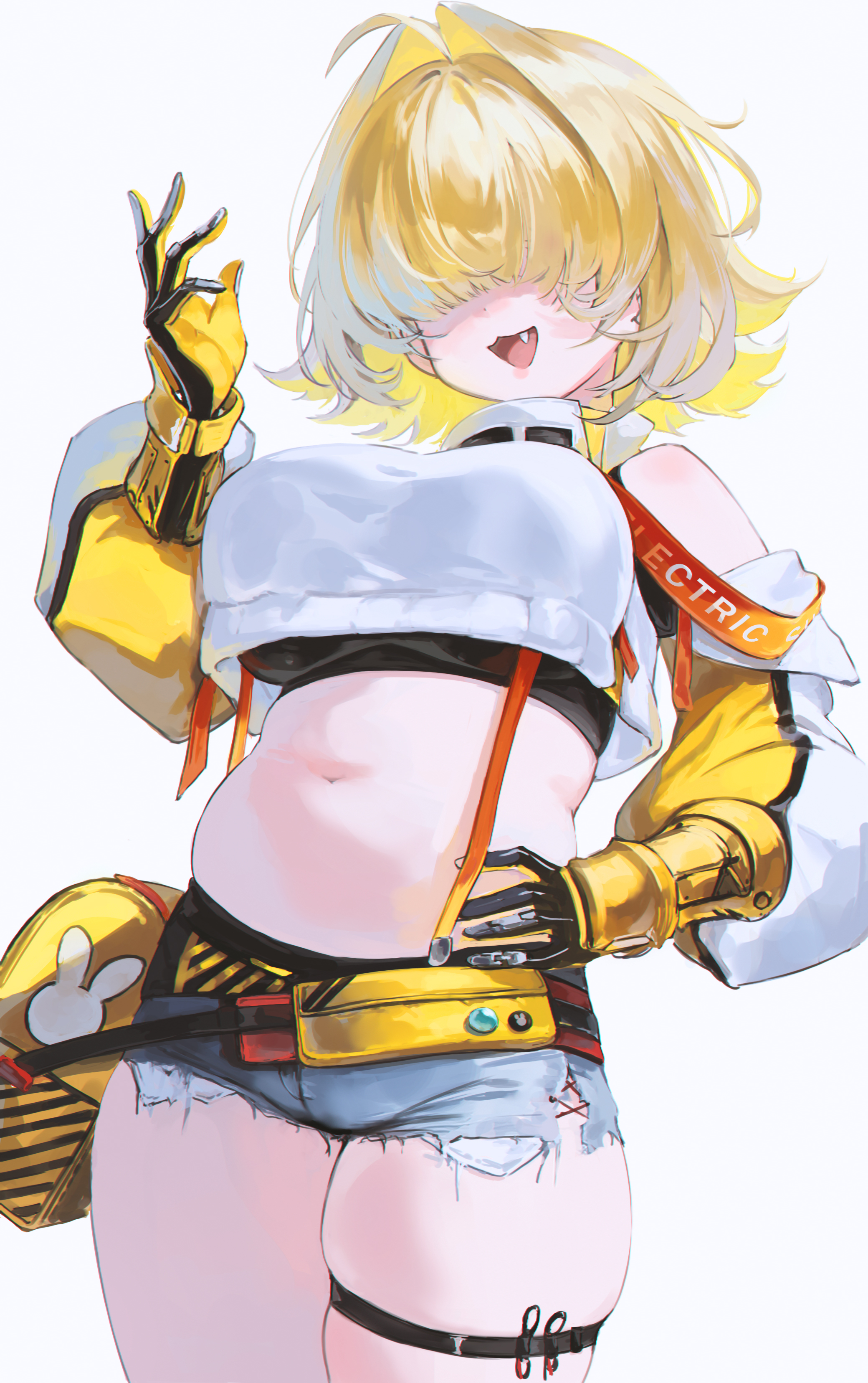 bbeedol, elegg (nikke), goddess of victory: nikke, absurdres, highres, 1girl, ahoge, bare shoulders, black shirt, blonde hair, blue shorts, breasts, clothing cutout, cowboy shot, crop top, crop top overhang, cutoffs, denim, denim shorts, exposed pocket, facing viewer, fang, gloves, hair over eyes, hand on own hip, hand up, large breasts, long sleeves, medium breasts, medium hair, micro shorts, midriff, navel, open mouth, plump, puffy long sleeves, puffy sleeves, shirt, short shorts, shorts, shoulder cutout, simple background, skindentation, smile, solo, stomach, suspenders, thick thighs, thigh strap, thighs, two-tone gloves, undershirt, white background, white shirt