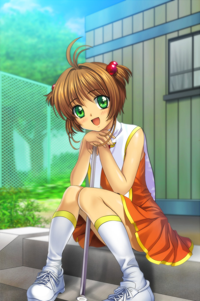 mutsuki (moonknives), kinomoto sakura, cardcaptor sakura, kodansha, baton, uniform, 1990s (style), 1girl, ahoge, antenna hair, brown hair, cheerleader, child, female focus, green eyes, hair bobbles, hair ornament, kneehighs, knees together feet apart, majorette, open mouth, orange skirt, retro artstyle, shoes, short hair, short twintails, sitting, sitting on stairs, skirt, smile, sneakers, socks, solo, stairs, twintails, twirl baton, two side up