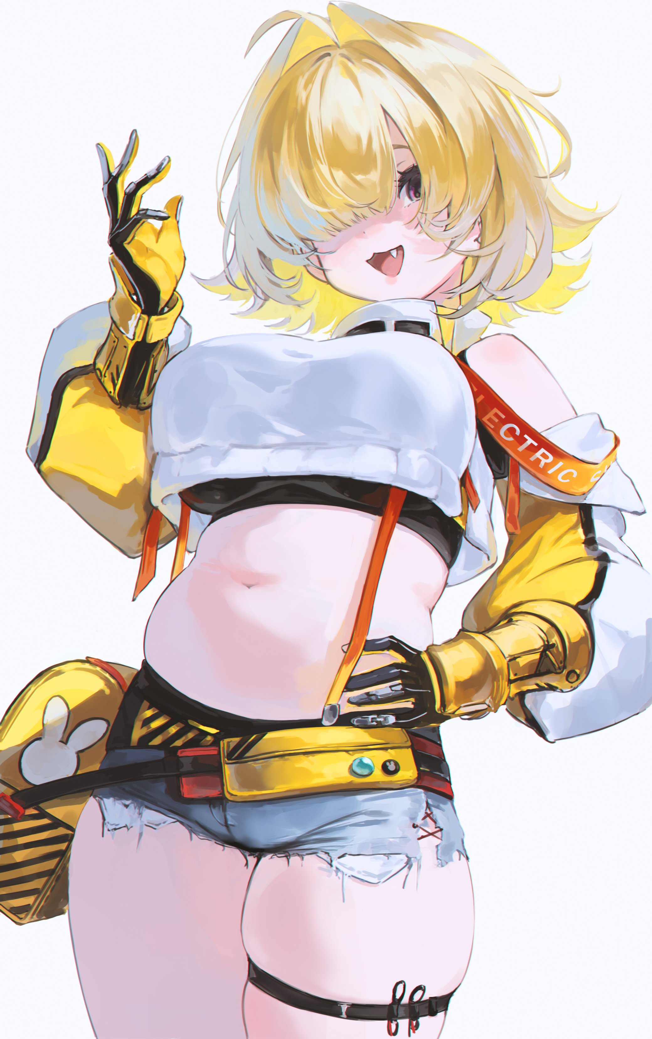 bbeedol, elegg (nikke), goddess of victory: nikke, absurdres, highres, 1girl, ahoge, bare shoulders, black shirt, blonde hair, blue shorts, breasts, clothing cutout, cowboy shot, crop top, crop top overhang, cutoffs, denim, denim shorts, exposed pocket, fang, gloves, hair over one eye, hand on own hip, hand up, large breasts, long sleeves, looking at viewer, medium hair, micro shorts, midriff, navel, open mouth, plump, puffy long sleeves, puffy sleeves, purple eyes, shirt, short shorts, shorts, shoulder cutout, simple background, skindentation, smile, solo, stomach, suspenders, thick thighs, thigh strap, thighs, two-tone gloves, undershirt, white background, white shirt