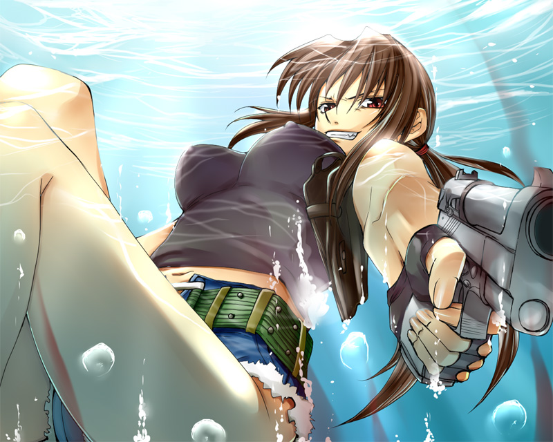 xyasyax, yashano akira, revy (black lagoon), black lagoon, shogakukan, bad id, bad pixiv id, 00s, 1girl, belt, beretta 92, breasts, brown hair, covered erect nipples, denim, denim shorts, female focus, fingerless gloves, gloves, gun, handgun, holster, long hair, medium breasts, ponytail, red eyes, short shorts, shorts, solo, underwater, weapon, wet, wet clothes