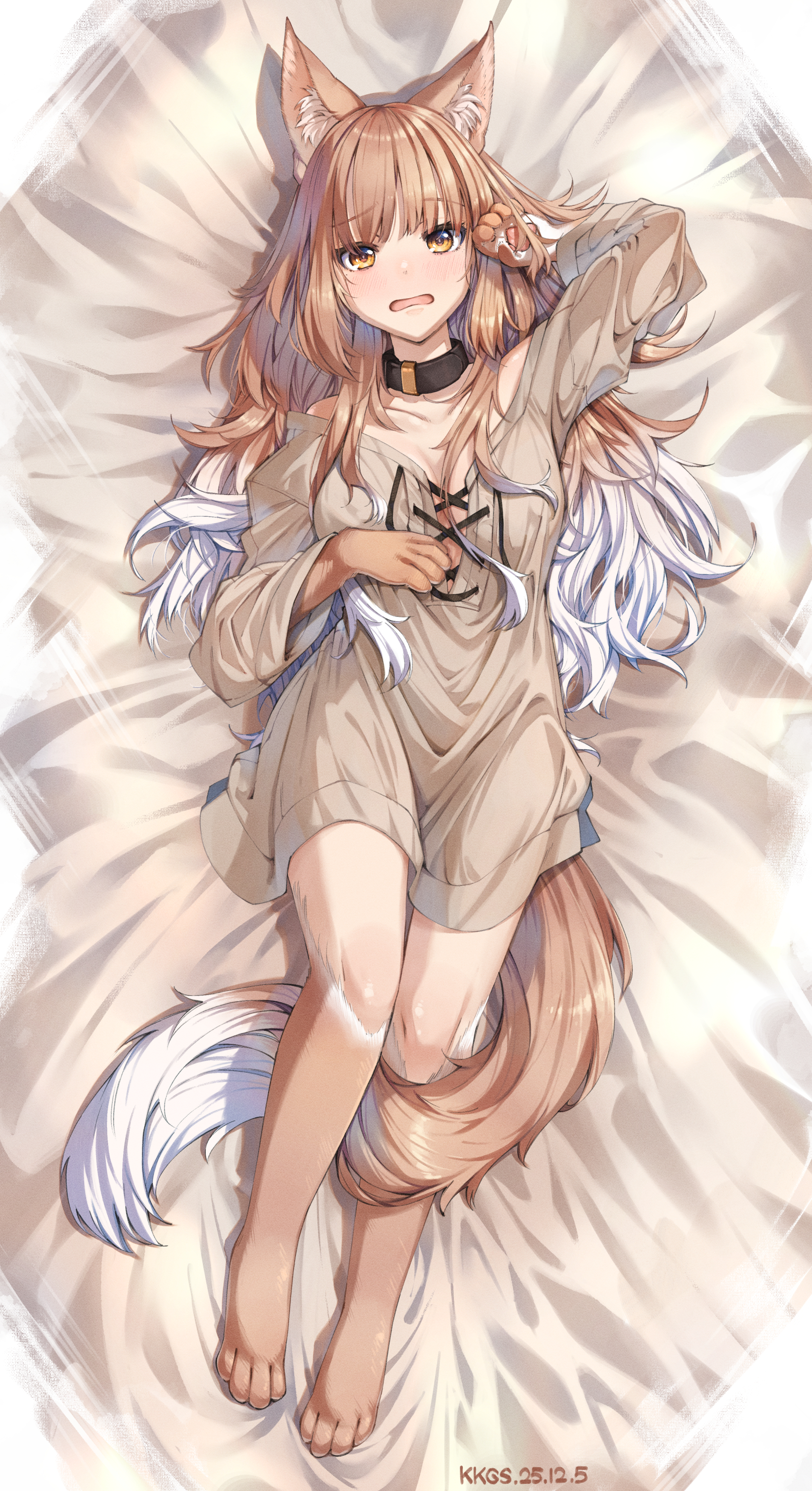 kyouko kasa, original, absurdres, highres, 1girl, animal ears, animal feet, animal hands, blush, breasts, brown hair, brown shirt, cat ears, cat girl, cat tail, claw pose, cocked eyebrow, collar, criss-cross straps, flustered, full body, gradient hair, hand on own chest, hand up, long hair, long shirt, long sleeves, looking at viewer, lying, medium breasts, multicolored hair, no pants, off shoulder, on back, shirt, tail, white hair, yellow eyes