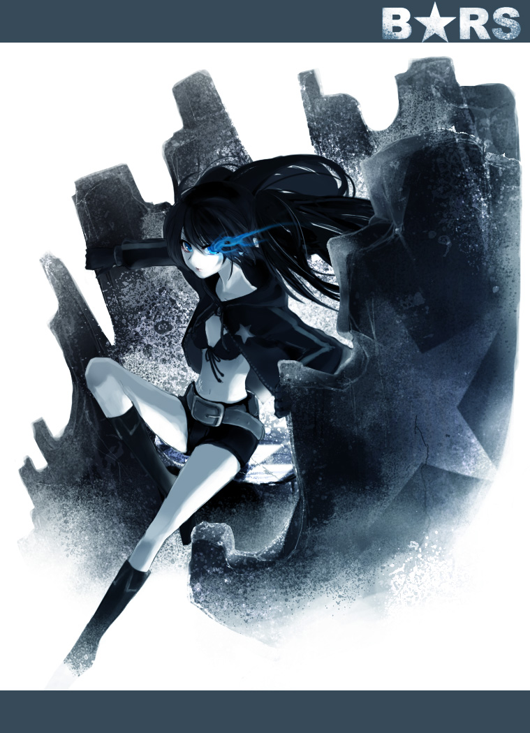ask02, moringagurico, black rock shooter (character), black rock shooter, vocaloid, 10s, 1girl, belt, bikini, bikini top only, black hair, blue eyes, blue theme, boots, coat, female focus, glowing, glowing eyes, long hair, midriff, monochrome, navel, pale skin, scar, shorts, solo, spot color, star (symbol), swimsuit