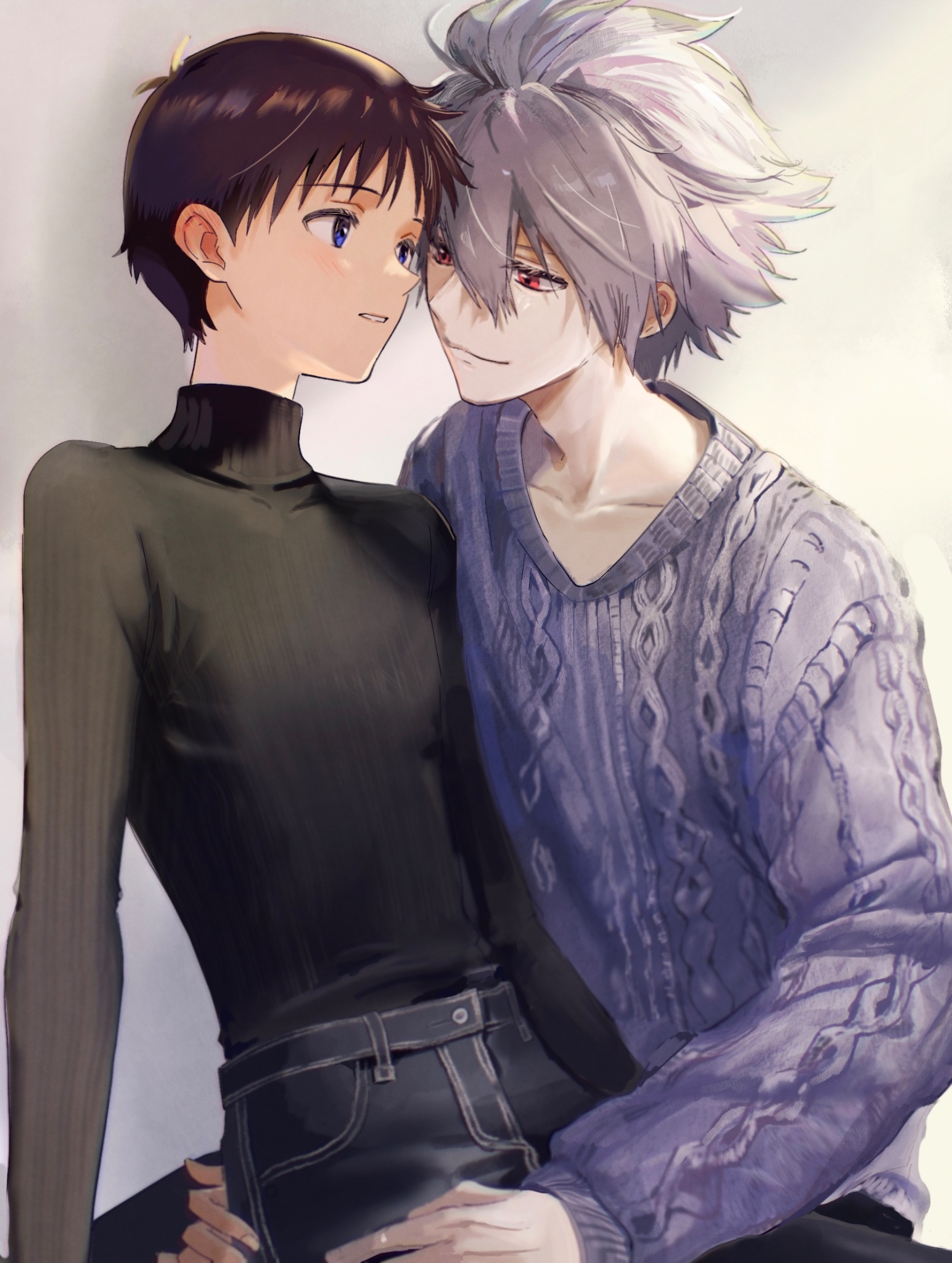 ikari shinji, nagisa kaworu, neon genesis evangelion, commentary, commentary request, highres, symbol-only commentary, 2boys, black pants, blue eyes, brown hair, closed mouth, eye contact, grey hair, hair between eyes, high collar, long sleeves, looking at another, male focus, multiple boys, on lap, pants, red eyes, shirt tucked in, short hair, soraaaa53, sweater, v-neck, yaoi