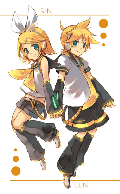 hanokage, kagamine len, kagamine rin, vocaloid, 1boy, 1girl, belt, blonde hair, blue eyes, bow, bowtie, brother and sister, detached sleeves, hair ornament, headphones, hetero, holding hands, ribbon, sailor collar, siblings, twins