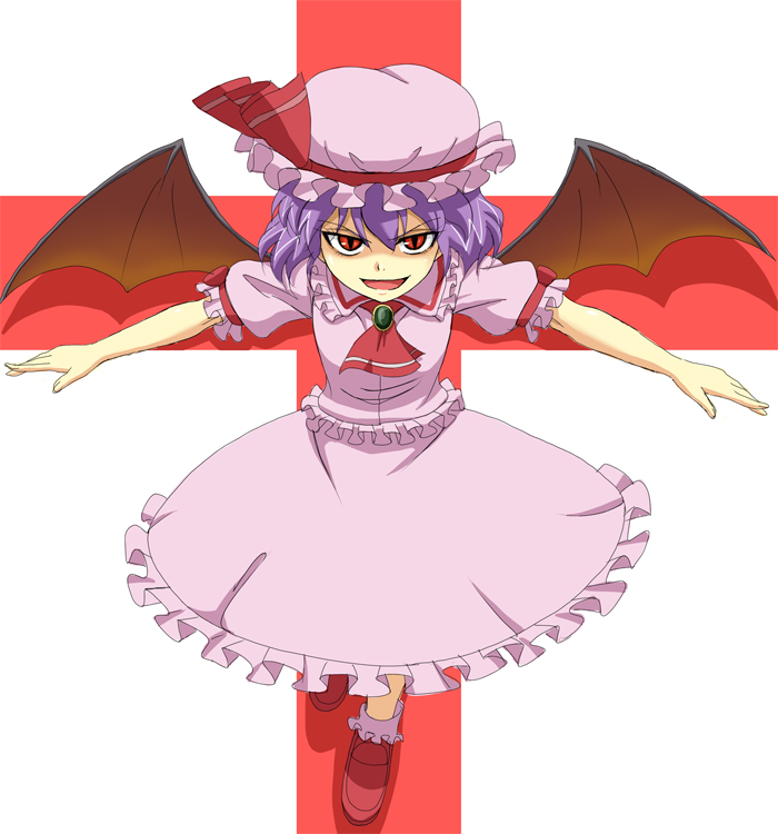 yanagi kawa, remilia scarlet, touhou, bad id, bad pixiv id, 1girl, cross, female focus, frills, purple hair, red eyes, ribbon, solo, wings