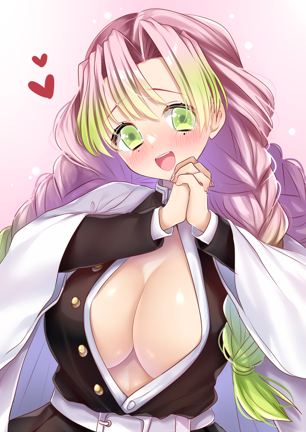 haruse meio, kanroji mitsuri, kimetsu no yaiba, 1girl, blush, braid, breasts, center opening, demon slayer uniform, green eyes, green hair, heart, large breasts, long hair, looking at viewer, mark under both eyes, multicolored hair, open mouth, own hands together, pink hair, smile, solo, twin braids, two-tone hair, upper body