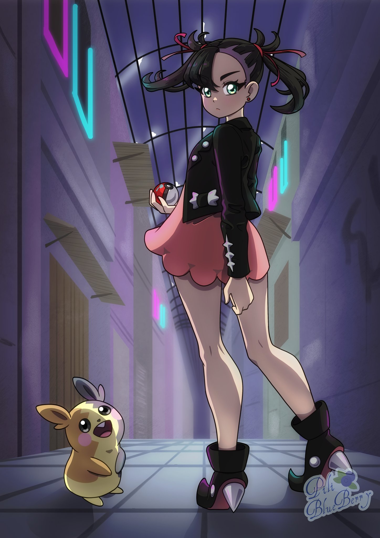 marnie (pokemon), morpeko, morpeko (full), nintendo, pokemon, pokemon swsh, highres, 1girl, alley, asymmetrical bangs, bare legs, black hair, black jacket, dress, earrings, floating hair, full body, gen 8 pokemon, green eyes, hair ribbon, holding, holding poke ball, jacket, jewelry, looking at viewer, piliblueberry, pink dress, poke ball, poke ball (basic), pokemon (creature), red ribbon, ribbon, standing, thighs, undercut