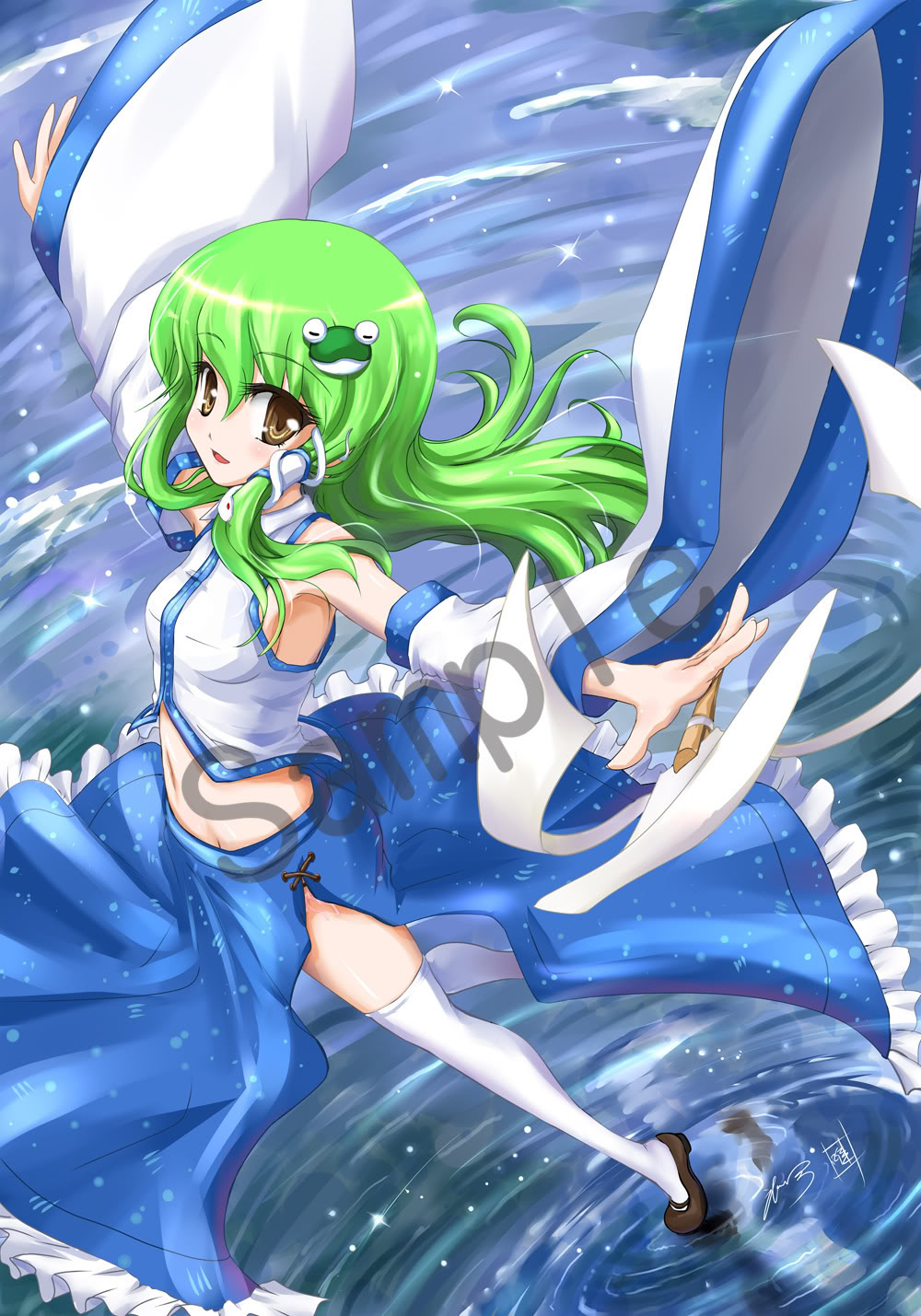 eatbara, kochiya sanae, touhou, highres, 1girl, detached sleeves, female focus, green hair, hydrokinesis, long hair, midriff, navel, outstretched arms, sample watermark, solo, spread arms, standing, thighhighs, water, watermark, zettai ryouiki