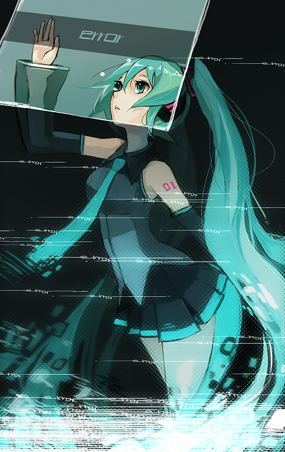 pyon-kichi, hatsune miku, vocaloid, bad id, bad pixiv id, 1girl, aqua eyes, aqua hair, bare shoulders, detached sleeves, digital dissolve, female focus, long hair, necktie, solo, tears, twintails