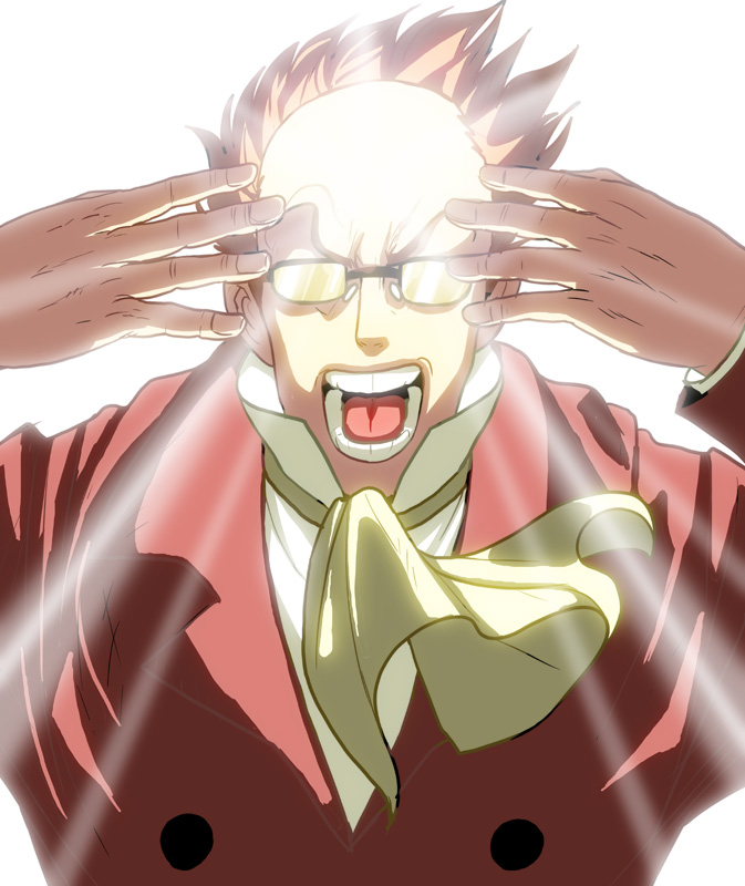 kouno (masao), muska, dragon ball, studio ghibli, tenkuu no shiro laputa, bad id, bad pixiv id, 1boy, bald, formal clothes, glasses, male focus, open mouth, parody, simple background, solo, suit, sunglasses, taiyoken, taiyouken