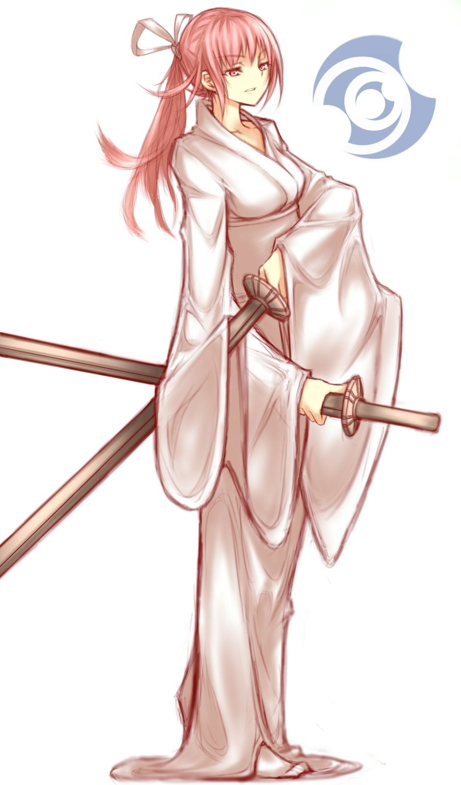 zeshiki, original, bad id, bad pixiv id, highres, 1girl, dual wielding, female focus, holding, japanese clothes, katana, ponytail, sketch, solo, sword, weapon