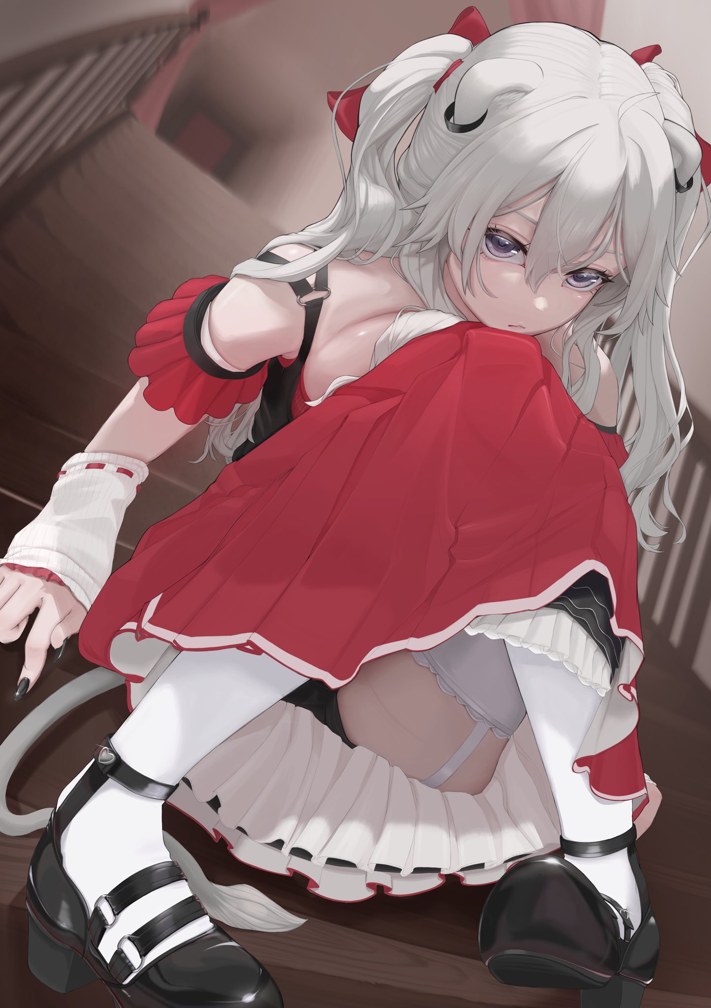 shishiro botan, hololive, hashtag-only commentary, highres, 1girl, animal ears, black nails, black shoes, breasts, closed mouth, double-parted bangs, dress, edge ill, fingernails, full body, garter straps, grey eyes, grey hair, hair between eyes, lion ears, lion girl, lion tail, long hair, looking at viewer, nail polish, red dress, shoes, short sleeves, sidelocks, sitting, solo, stairs, stairwell, tail, thighhighs, two side up, virtual youtuber, white thighhighs