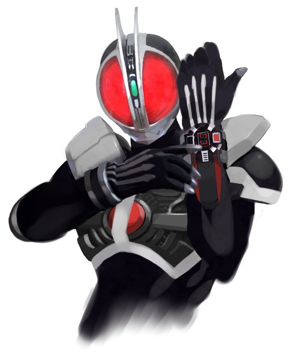 himuro shunsuke, kamen rider faiz, kamen rider, kamen rider 555, bad id, bad pixiv id, 1boy, antennae, armor, black bodysuit, black gloves, black helmet, bodysuit, faiz accel, gloves, grey armor, helmet, male focus, red eyes, simple background, solo, upper body, watch, white background, wristwatch