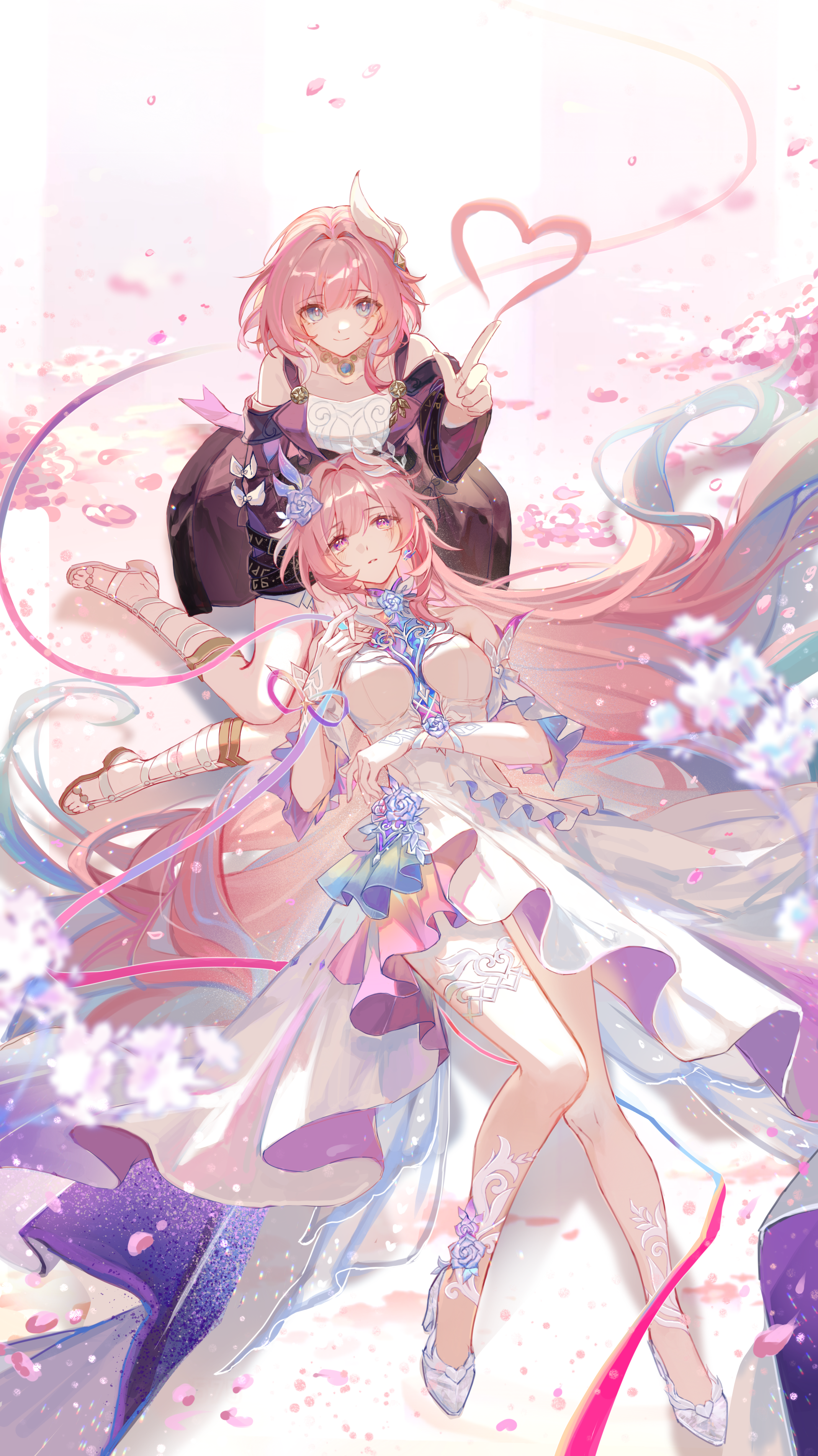 mangzhi yaoyao, cyrene (aedes elysiae) (honkai: star rail), cyrene (honkai: star rail), cyrene (ripples of past reverie) (honkai: star rail), honkai: star rail, honkai (series), absurdres, chinese commentary, commentary request, highres, 2girls, aqua hair, bare shoulders, blue eyes, breasts, coat, diamond-shaped pupils, diamond (shape), dress, dual persona, falling petals, heart, high heels, jewelry, lap pillow, large breasts, long hair, looking at viewer, multicolored hair, multiple girls, necklace, petals, pink hair, pink petals, purple coat, purple eyes, small breasts, symbol-shaped pupils, thighs, two-tone hair, very long hair, white dress, white hair