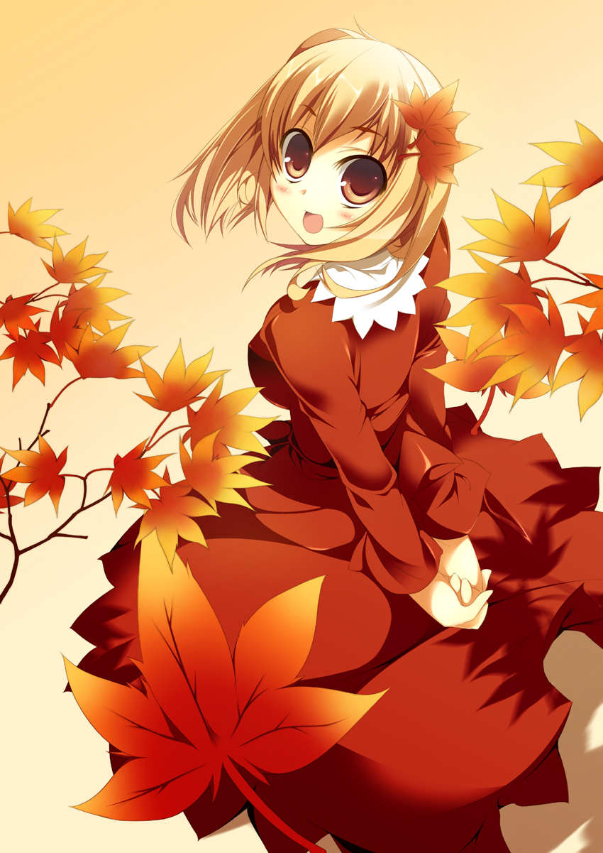 amanooni touri, aki shizuha, touhou, bad id, bad pixiv id, highres, 1girl, :d, arms behind back, autumn, autumn leaves, blonde hair, blush, branch, breasts, brown eyes, collar, female focus, hair ornament, large breasts, leaf, leaf hair ornament, long skirt, long sleeves, looking at viewer, looking back, maple leaf, open mouth, red shirt, red skirt, shirt, short hair, simple background, skirt, smile, solo, white collar, yellow eyes