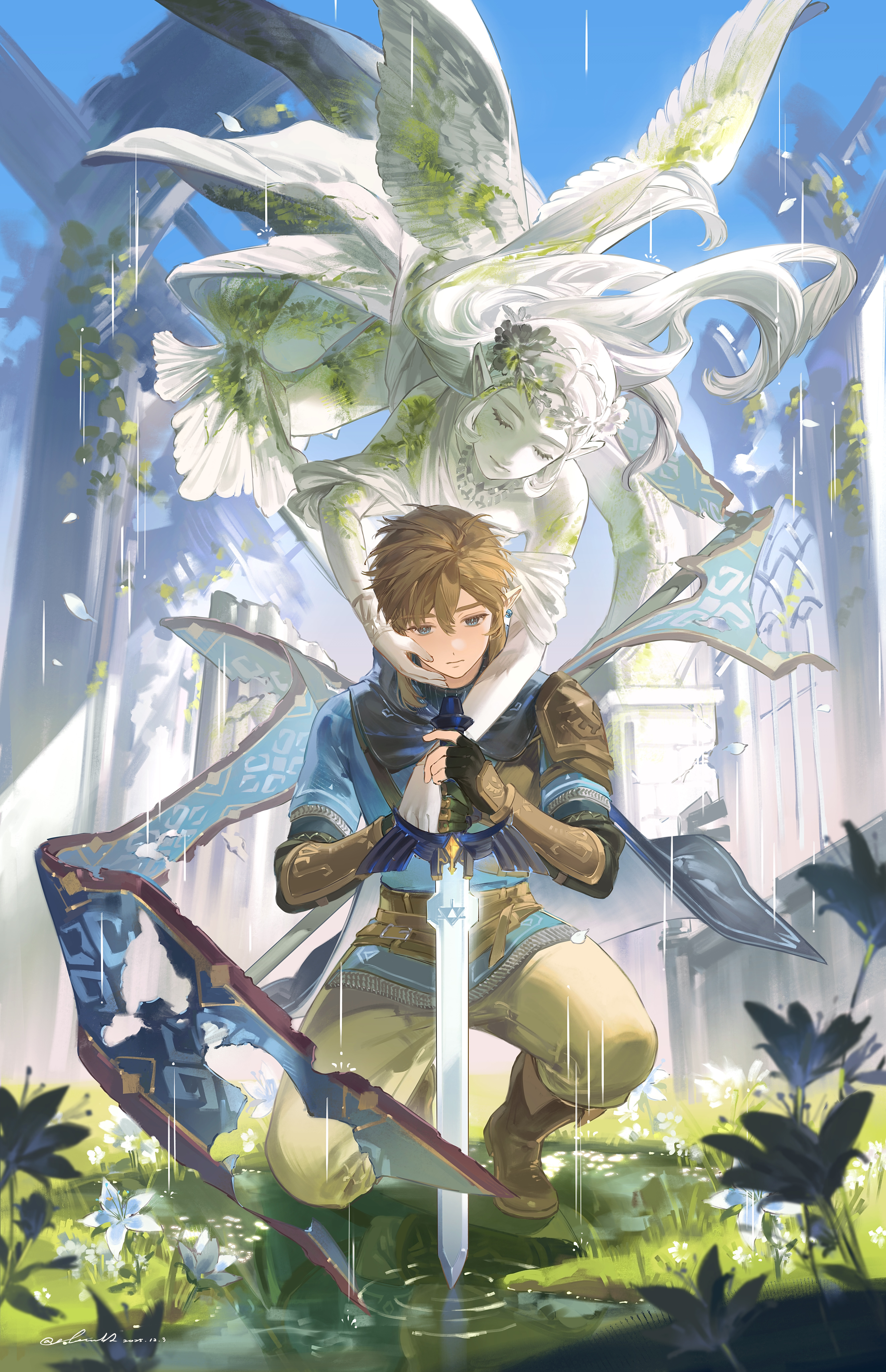 lamblab0824, link, princess zelda, nintendo, the legend of zelda, the legend of zelda: breath of the wild, absurdres, chinese commentary, clip studio paint (medium), commentary request, highres, 1boy, angel statue, angel wings, armor, blue eyes, boots, brown boots, brown hair, dated, earrings, fingerless gloves, flower, gloves, hand on hilt, holding, holding sword, holding weapon, jewelry, on one knee, outdoors, pointy ears, ripples, shoulder armor, signature, statue, sword, weapon, white flower, wings