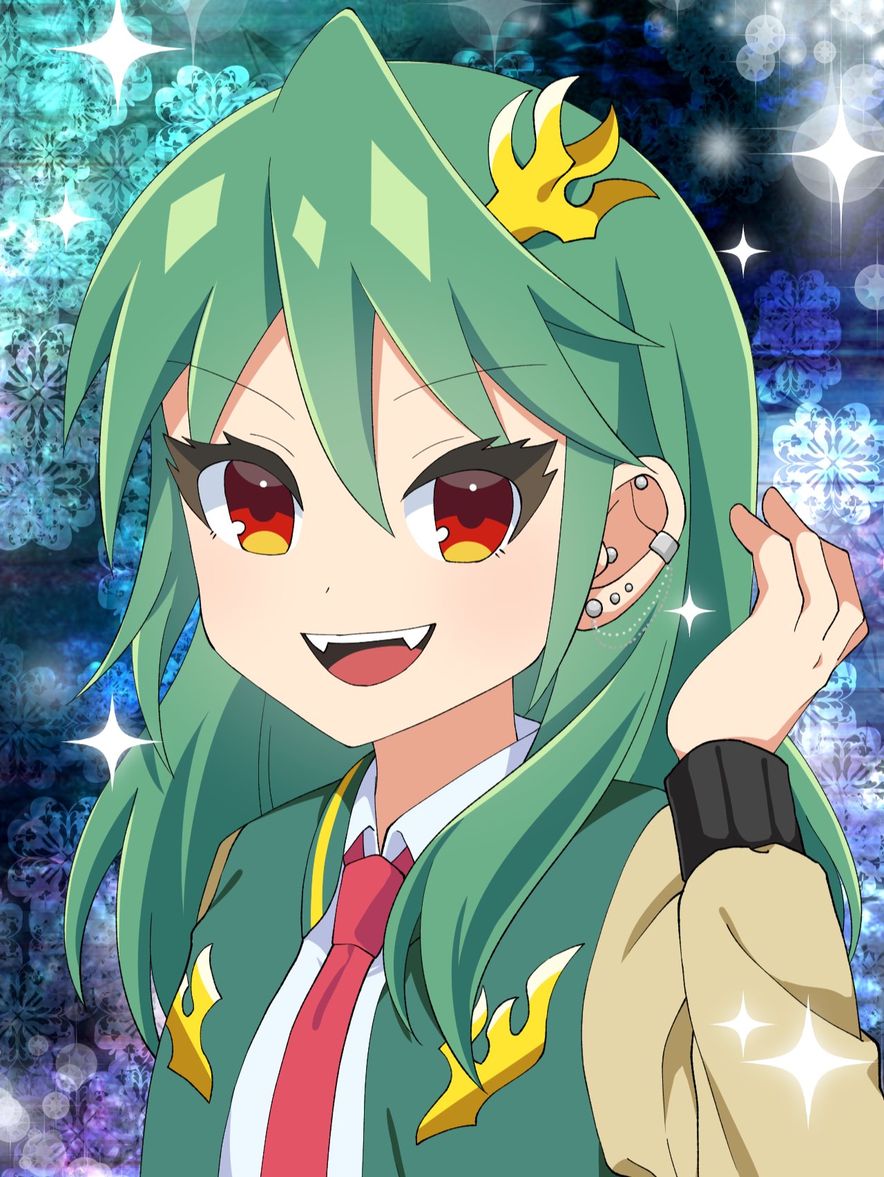 chifuin gyai, dragon musume ni naritakunai!, duel masters, artist request, highres, official art, 1girl, anime coloring, brown jacket, close-up, ear piercing, fang, green hair, green jacket, hair between eyes, hair down, hair ornament, jacket, long hair, multicolored jacket, necktie, open clothes, open jacket, orange eyes, piercing, red necktie, shirt, solo, sparkle, teeth, upper body, upper teeth only, white shirt