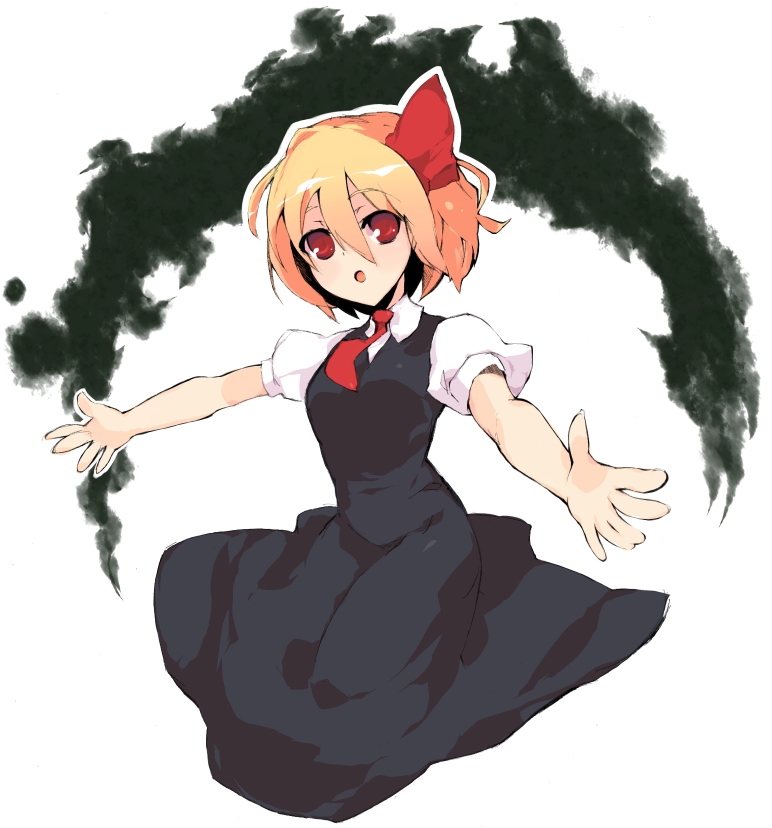 himuro shunsuke, rumia, embodiment of scarlet devil, touhou, bad id, bad pixiv id, 1girl, blonde hair, darkness, female focus, full body, hair ribbon, red eyes, ribbon, short hair, sitting, solo, white background