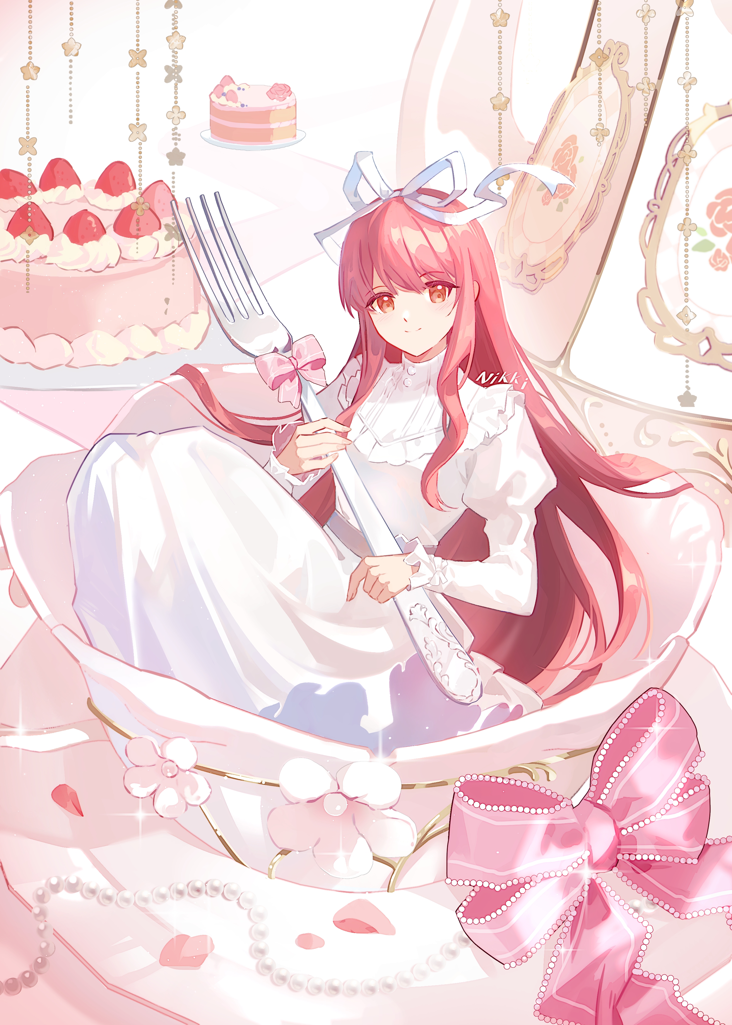 moridehuguang, nikki (nikki), nikki (series), absurdres, chinese commentary, commentary request, highres, 1girl, bead necklace, beads, bib collar, birthday, birthday cake, bow, cake, character name, cherry blossoms, collar, cup, dress, flower, food, fork, frilled collar, frilled sleeves, frills, full body, hair ribbon, happy, holding, holding fork, in container, in cup, jewelry, juliet sleeves, large ribbon, long dress, long hair, long sidelocks, long sleeves, necklace, oversized object, petals, pink bow, pink hair, pleated dress, puffy sleeves, ribbon, sidelocks, sleeves past wrists, solo, sparkle, teacup, turtleneck, turtleneck dress, unworn jewelry, unworn necklace, very long hair, wavy hair, white background, white dress, white flower, white ribbon