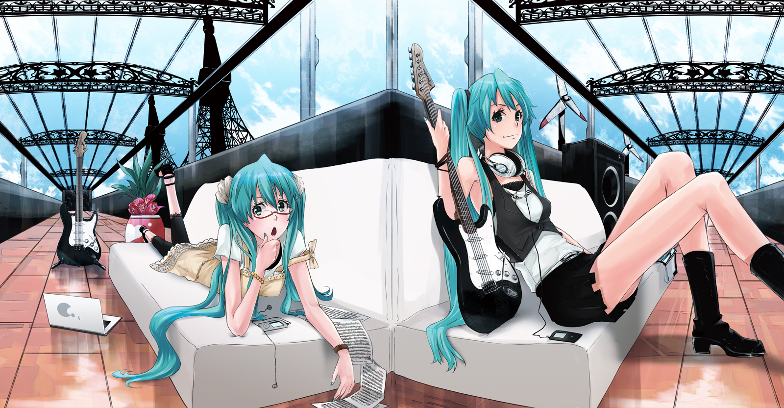 mille (dieci), mirre, hatsune miku, vocaloid, highres, 1girl, :o, bespectacled, blue hair, blue nails, blush, boots, casual, couch, dual persona, earphones, fender stratocaster, glasses, guitar, headphones, headphones around neck, instrument, ipod, long hair, lying, mp3 player, nail polish, notebook, on stomach, perspective, shorts, sitting, smile, twintails