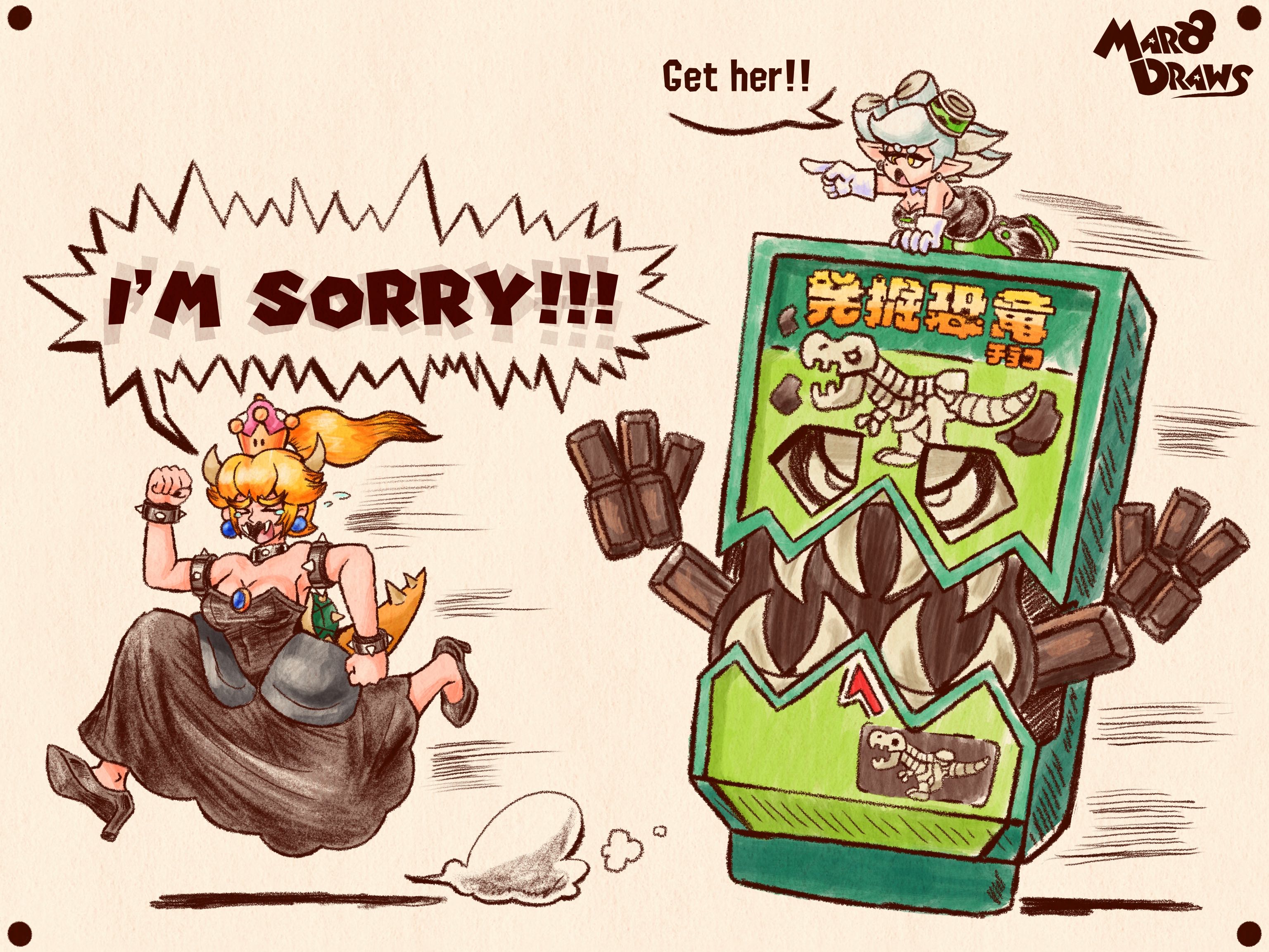 marodraws, bowsette, marie (splatoon), kamen rider, kamen rider gavv (series), mario (series), nintendo, splatoon (series), commentary, english commentary, highres, 2girls, armlet, artist name, bare shoulders, blonde hair, bracelet, breasts, charapaki gochizo, cleavage, collar, crown, dress, earrings, english text, fangs, gloves, gochizo, grey hair, horns, inkling, jewelry, mole, multiple girls, object on head, open mouth, pantyhose, pointy ears, ponytail, sharp teeth, short hair, spiked armlet, spiked bracelet, spiked collar, spiked shell, spiked tail, spikes, super crown, tail, teeth, tentacle hair, turtle shell, yellow eyes
