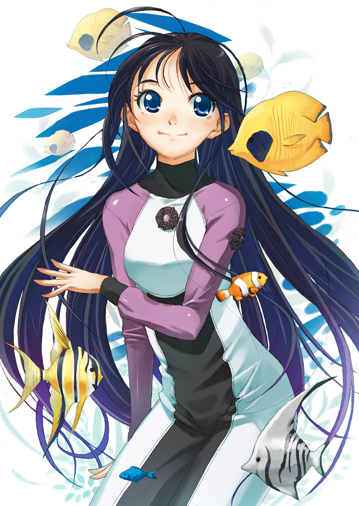 hirokiku, ooki futaba, amanchu!, 1girl, ahoge, angelfish, black hair, blue eyes, blush, bodysuit, clownfish, diving suit, drysuit, female focus, fish, long hair, smile, solo, tropical fish, very long hair, wetsuit