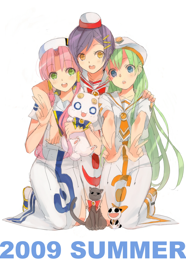 01 0219, aika granzchesta, alice carroll, aria pokoteng, hime granzchesta, mizunashi akari, president maa, aria (manga), 00s, 3girls, blouse, blue eyes, blush, cat, friends, green eyes, green hair, hair ornament, hairclip, happy, hat, kneeling, long hair, multiple girls, pink hair, purple hair, shirt, short hair, smile, v, white shirt