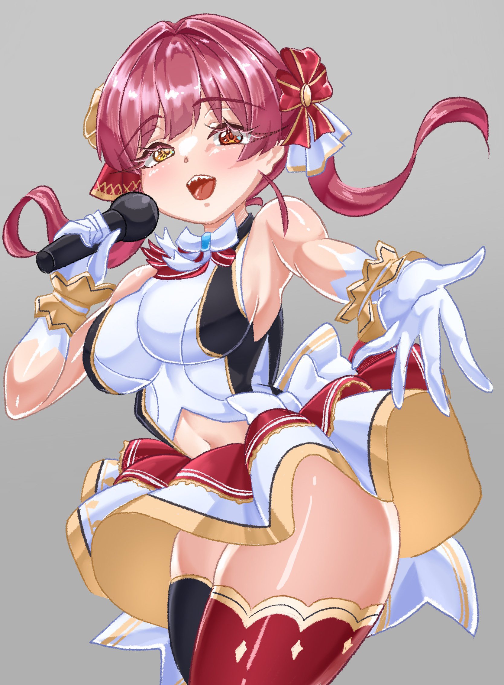rorol reime, houshou marine, hololive, highres, 1girl, black thighhighs, bow, breasts, grey background, hair bow, heterochromia, holding, holding microphone, hololive idol uniform (origin), large breasts, looking at viewer, microphone, official alternate costume, red bow, red eyes, red hair, red thighhighs, shirt, skirt, sleeveless, sleeveless shirt, solo, thighhighs, virtual youtuber, white shirt, white skirt, yellow eyes