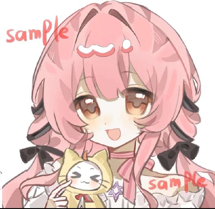 momo (nikki), nikki (nikki), perfect start (infinity nikki), infinity nikki, nikki (series), chinese commentary, commentary request, commission, > <, 1girl, ahoge, animal, bare shoulders, black bow, black ribbon, blunt bangs, bow, bow choker, bowtie, brown eyes, cat, choker, cloak, clothed animal, collarbone, dot nose, ear covers, eyes visible through hair, frilled shirt, frills, hair bow, hair intakes, hair ribbon, happy, hexagram, holding, holding animal, holding cat, hood, hood up, hooded cloak, jewelry, light blush, long hair, long sidelocks, low twintails, navel, necklace, off-shoulder shirt, off shoulder, open mouth, pink bow, pink bowtie, pink choker, pink hair, red bow, red bowtie, ribbon, riqingqing, sample watermark, shirt, sidelocks, simple background, single stripe, smile, star (symbol), star necklace, striped bow, striped bowtie, striped choker, striped clothes, tress ribbon, twintails, upper body, watermark, wavy hair, whiskers, white background, white cat, white shirt, yellow cloak