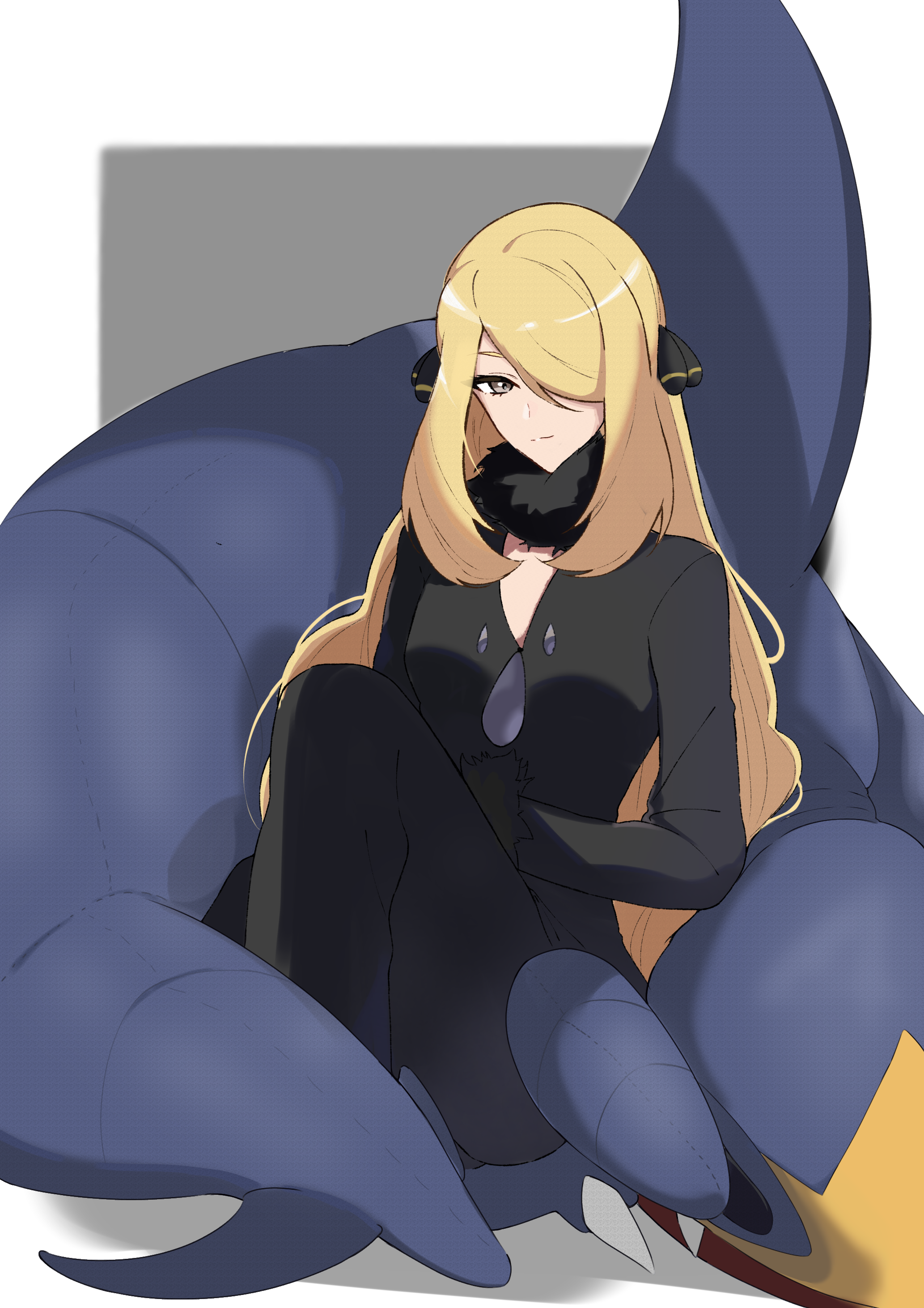 shifatur17, cynthia (pokemon), garchomp, nintendo, pokemon, pokemon dppt, absurdres, highres, revision, 1girl, black coat, black sclera, blonde hair, breasts, claws, coat, colored sclera, dragon, fire, flame-tipped tail, fur-trimmed coat, fur-trimmed collar, fur collar, fur trim, gen 4 pokemon, grey eyes, hair ornament, hair over one eye, hammerhead shark, long hair, long sleeves, pokemon (creature), sharp teeth, spikes, tail, teeth, v-neck, very long hair
