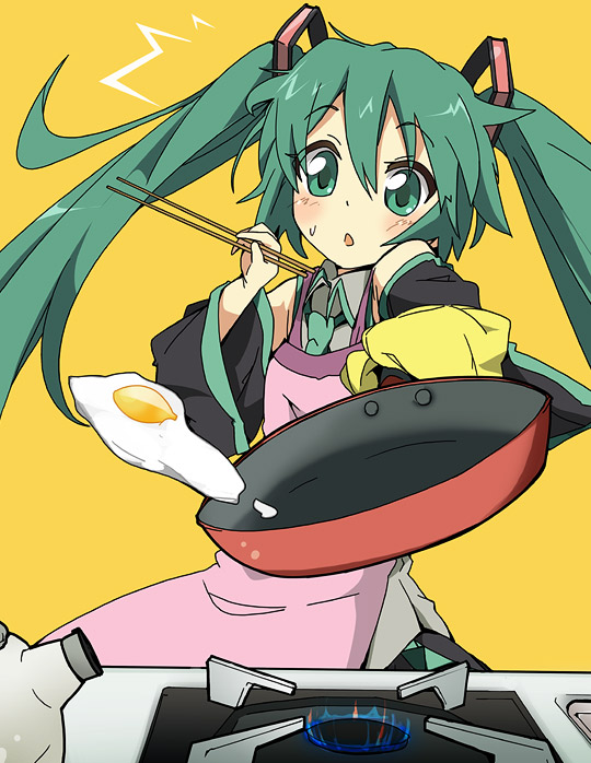 ixy, hatsune miku, vocaloid, 1girl, apron, blush, chopsticks, cooking, detached sleeves, egg, female focus, frying pan, green eyes, green hair, long hair, matching hair/eyes, solo, sweat, twintails