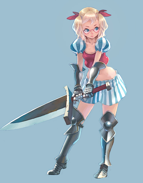 weno, original, 1girl, armor, blonde hair, blue eyes, boxers, dagger, female focus, gauntlets, glasses, greaves, knife, male underwear, midriff, short hair, simple background, solo, sword, twintails, underwear, weapon