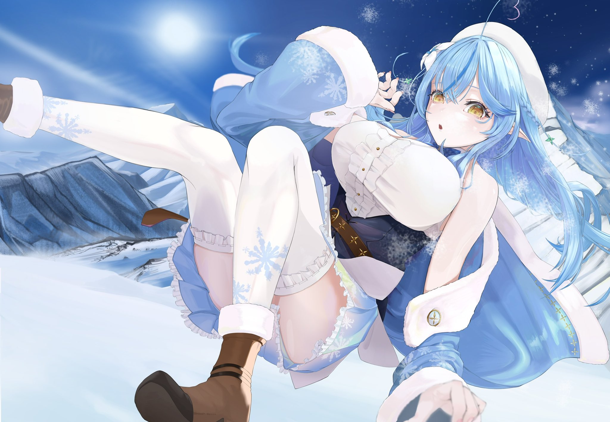 yukihana lamy, yukihana lamy (1st costume), hololive, hashtag-only commentary, highres, 1girl, ahoge, beret, blue hair, blue skirt, boots, braid, breasts, brown boots, center frills, edge ill, foot out of frame, frills, fur trim, hair between eyes, hand up, hat, heart, heart ahoge, large breasts, long hair, looking at viewer, mountainous horizon, multicolored hair, open mouth, parted bangs, pointy ears, shirt, skirt, snow, snowflakes, solo, streaked hair, sun, thighhighs, virtual youtuber, white hat, white shirt, white thighhighs, winter, yellow eyes