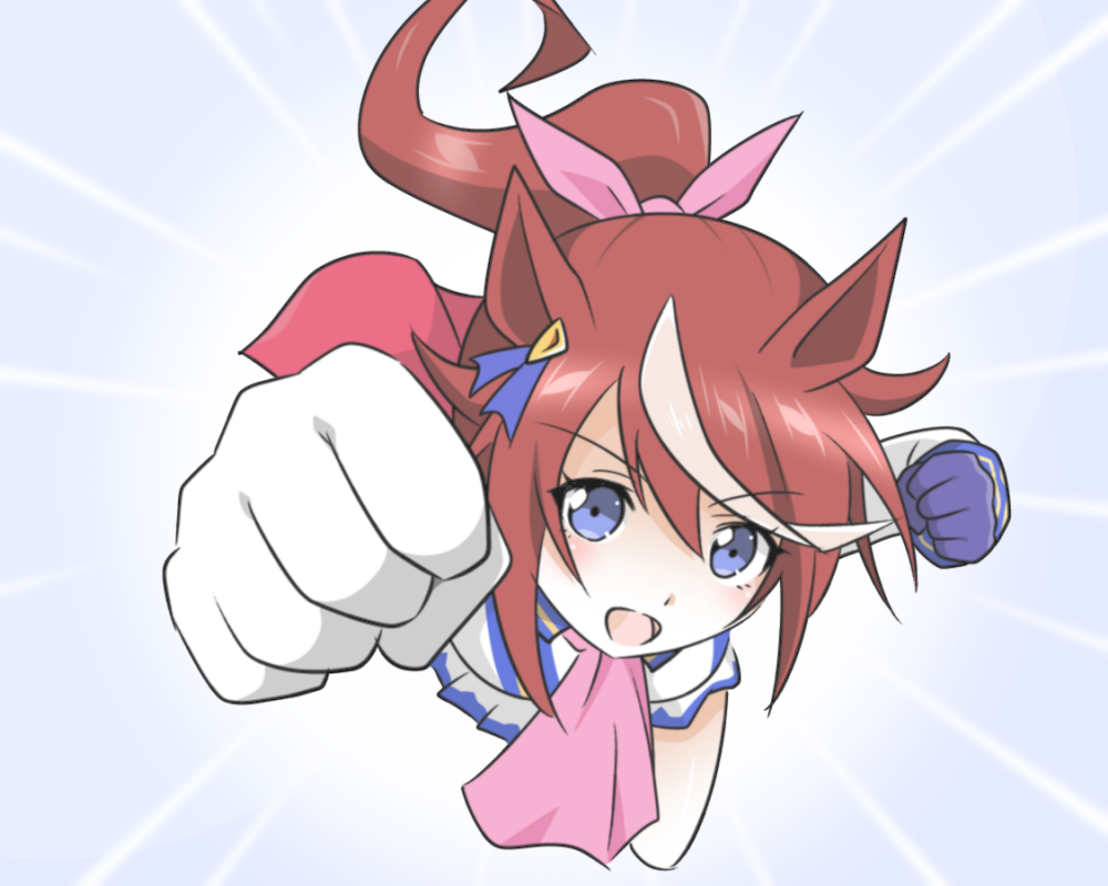 aiueo8371, tokai teio (peak joy) (umamusume), tokai teio (umamusume), ultra series, umamusume, commentary, 1girl, :d, animal ears, arm up, ascot, asymmetrical gloves, blue background, blue eyes, blue gloves, blue trim, blush, bow, brown hair, capelet, clenched hands, collared shirt, ear ribbon, foreshortening, from above, gloves, gun gun cut, hair between eyes, hair ribbon, high ponytail, horse ears, horse girl, knee up, long hair, long sleeves, looking at viewer, looking up, motion lines, multicolored hair, official alternate costume, open mouth, outstretched arm, pink ascot, pink ribbon, pleated skirt, ponytail, raised fist, reaching, reaching towards another, red capelet, ribbon, shirt, single hair streak, skirt, sleeve cuffs, smile, solo, speed lines, streaked hair, two-tone hair, v-shaped eyebrows, white gloves, white hair, white shirt, white skirt