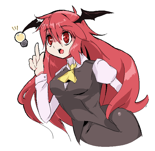 himuro shunsuke, koakuma, embodiment of scarlet devil, touhou, bad id, bad pixiv id, 1girl, female focus, head wings, idea, light bulb, long hair, red eyes, red hair, solo, wings