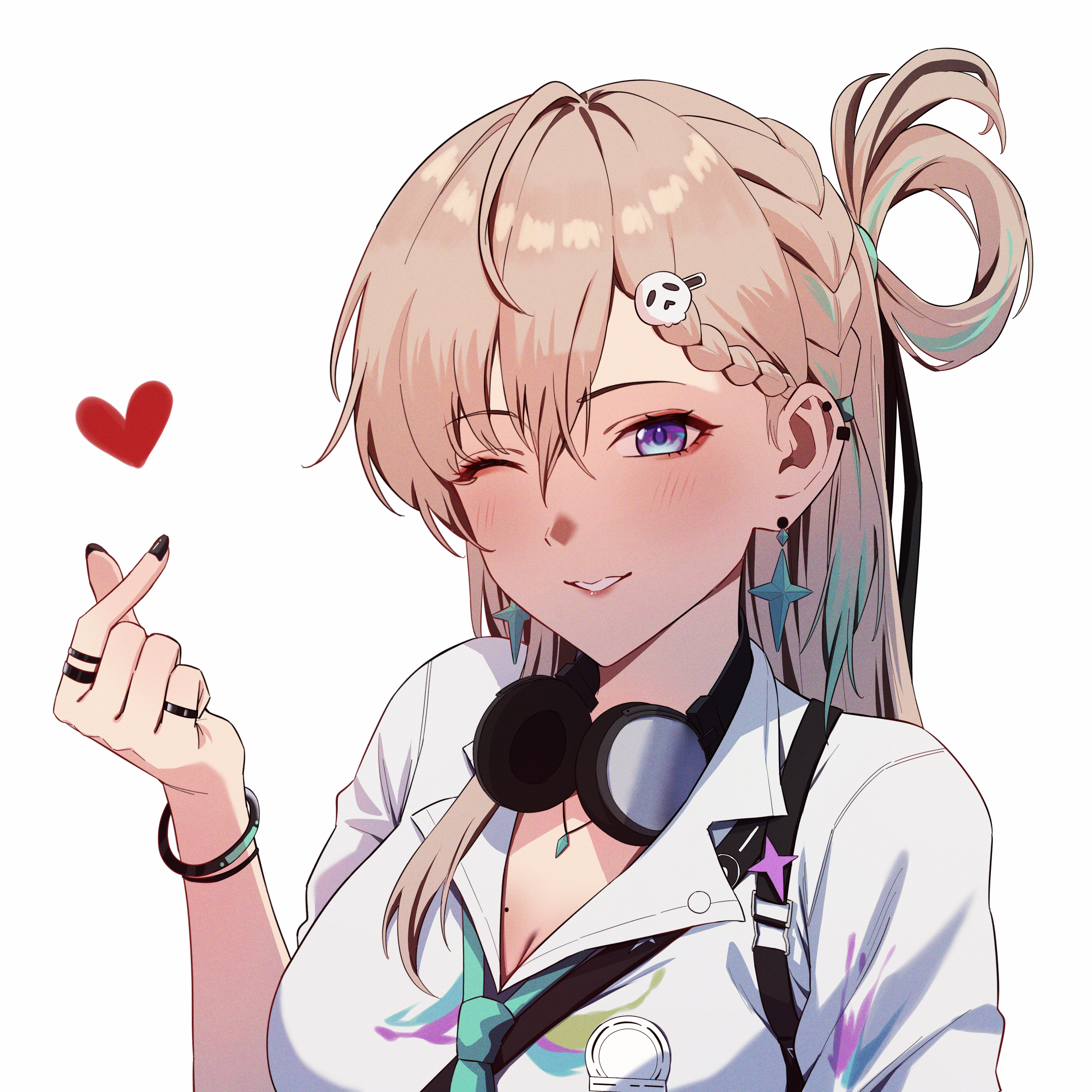 kryto arts, lynae (wuthering waves), wuthering waves, absurdres, commentary, highres, 1girl, black nails, blonde hair, blue eyes, breasts, cleavage, earrings, finger heart, fingernails, hand up, headphones, headphones around neck, heart, jewelry, large breasts, long hair, looking at viewer, multicolored hair, one eye closed, parted lips, shirt, simple background, smile, solo, star (symbol), star earrings, streaked hair, white background, white shirt