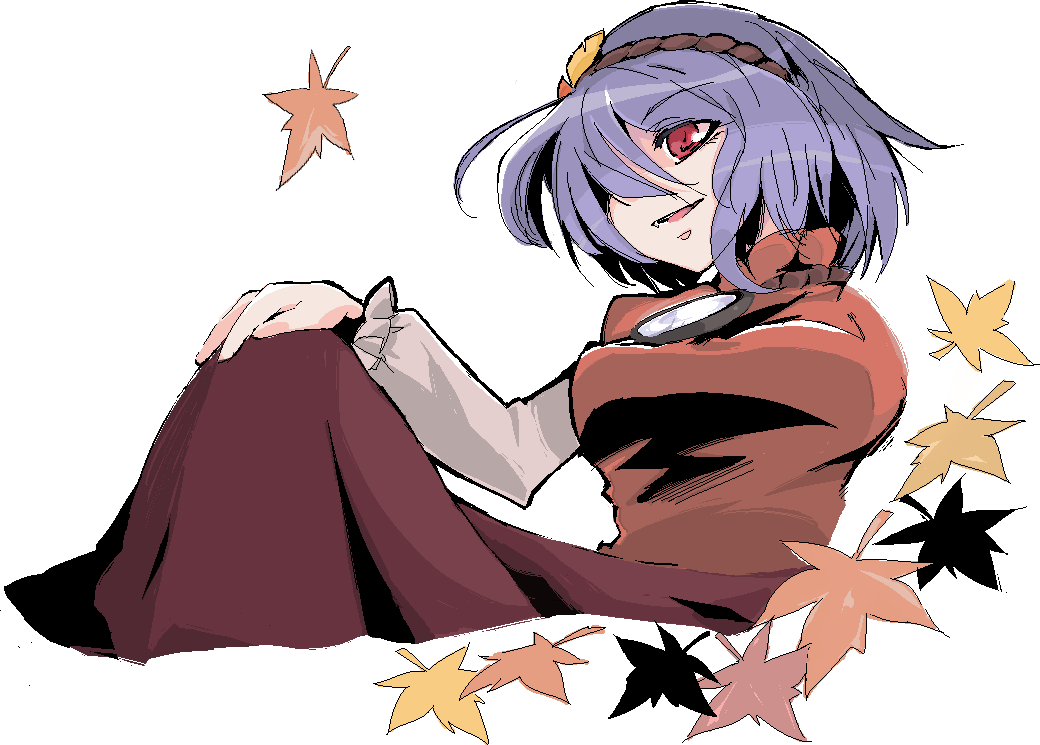 himuro shunsuke, yasaka kanako, touhou, bad id, bad pixiv id, 1girl, :d, autumn leaves, breasts, dress, falling leaves, female focus, frilled sleeves, frills, hair over one eye, hairband, hand on own knee, knee up, leaf, long sleeves, looking at viewer, medium breasts, open mouth, pink eyes, purple hair, red dress, red eyes, short hair, simple background, smile, solo, white background