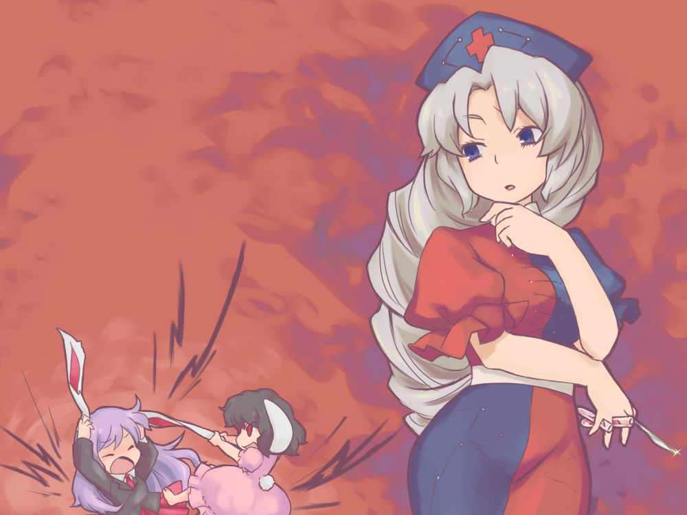 noko351, inaba tewi, reisen udongein inaba, yagokoro eirin, touhou, silver hair, 3girls, animal ears, barefoot, black hair, blazer, blue eyes, braid, female focus, hat, jacket, long hair, multiple girls, necktie, purple hair, rabbit ears, red eyes, short hair, standing, tail