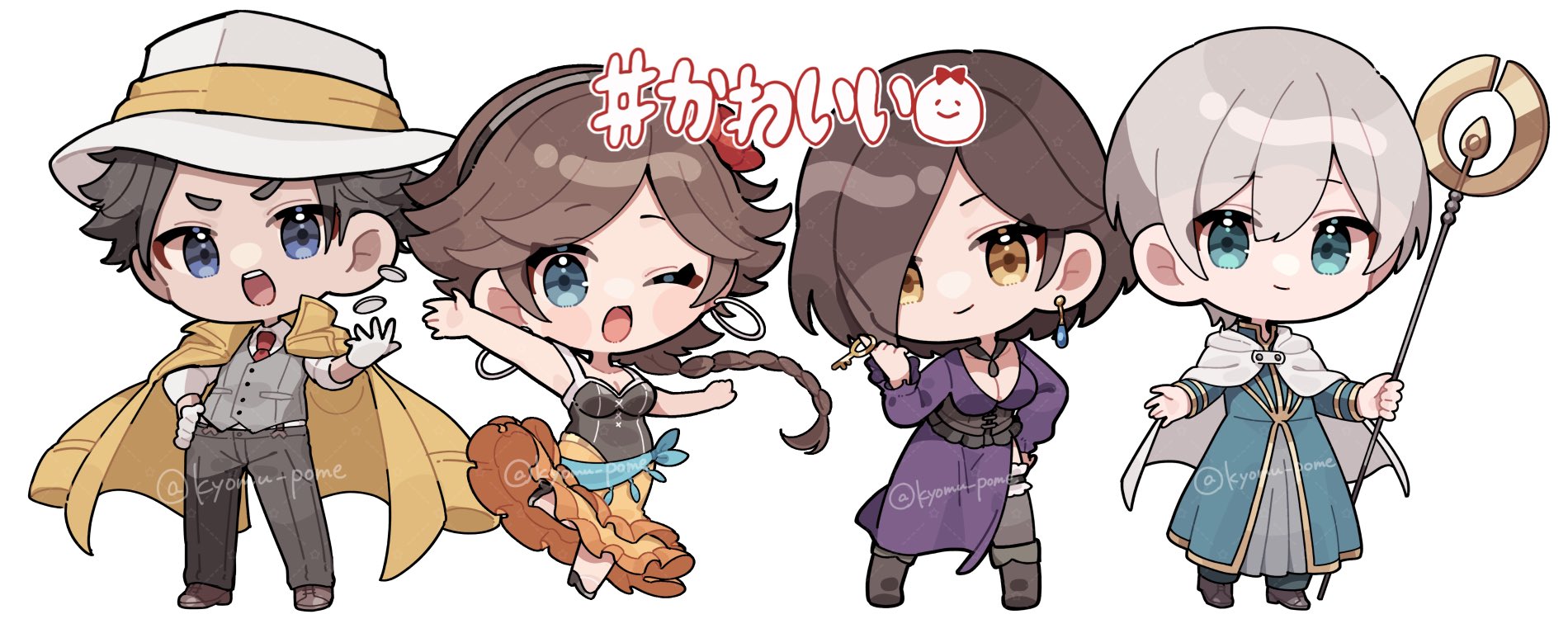 agnea bristarni, partitio yellowil, temenos mistral, throne anguis, octopath traveler, octopath traveler ii, commentary request, highres, translation request, 2boys, 2girls, black pants, blue eyes, braid, braided ponytail, breasts, brown corset, brown hair, cape, chibi, closed mouth, coin, corset, dancer, dress, earrings, formal clothes, grey hair, grey suit, hand on own hip, hat, holding, holding staff, hoop earrings, jacket, jacket on shoulders, jewelry, kyomu pome2, large breasts, medium hair, multiple boys, multiple girls, necktie, one eye closed, open mouth, pants, purple dress, red necktie, shirt, short hair, smile, staff, standing, suit, tossing, white background, white cape, white hat, white shirt, yellow eyes, yellow jacket