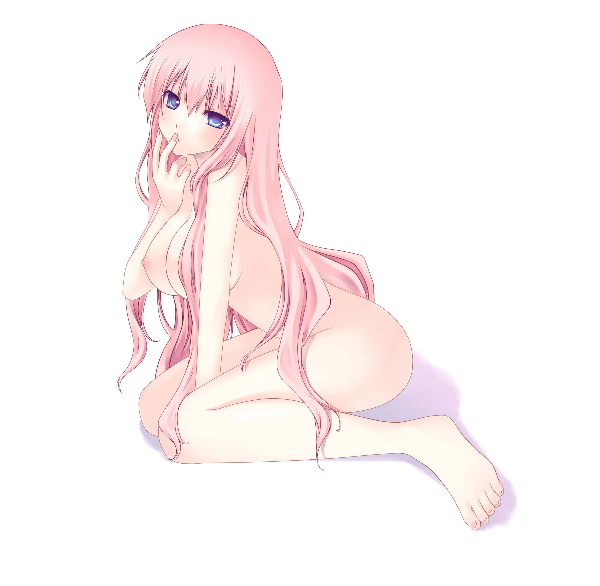 nana mikoto, megurine luka, vocaloid, bad id, bad pixiv id, highres, 1girl, barefoot, blue eyes, breasts, cleavage, feet, female focus, finger to mouth, full body, large breasts, legs, long hair, nipples, nude, pink hair, simple background, solo, very long hair