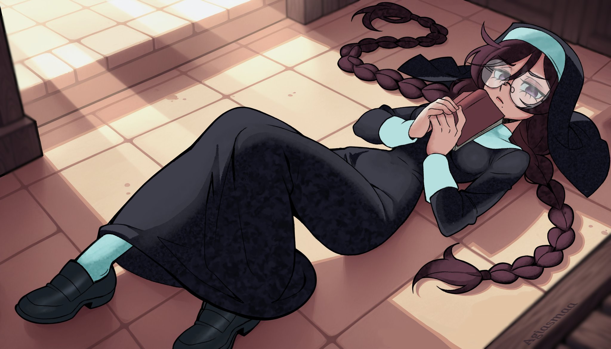 parta 228, fukawa toko, danganronpa: trigger happy havoc, danganronpa (series), highres, 1girl, artist name, black dress, black eyes, black shoes, book, braid, breasts, closed mouth, dress, glasses, holding, holding book, long hair, lying, medium breasts, mole, mole under mouth, nun, on back, open book, round eyewear, shoes, socks, solo, tile floor, tiles, twin braids, twintails, white socks