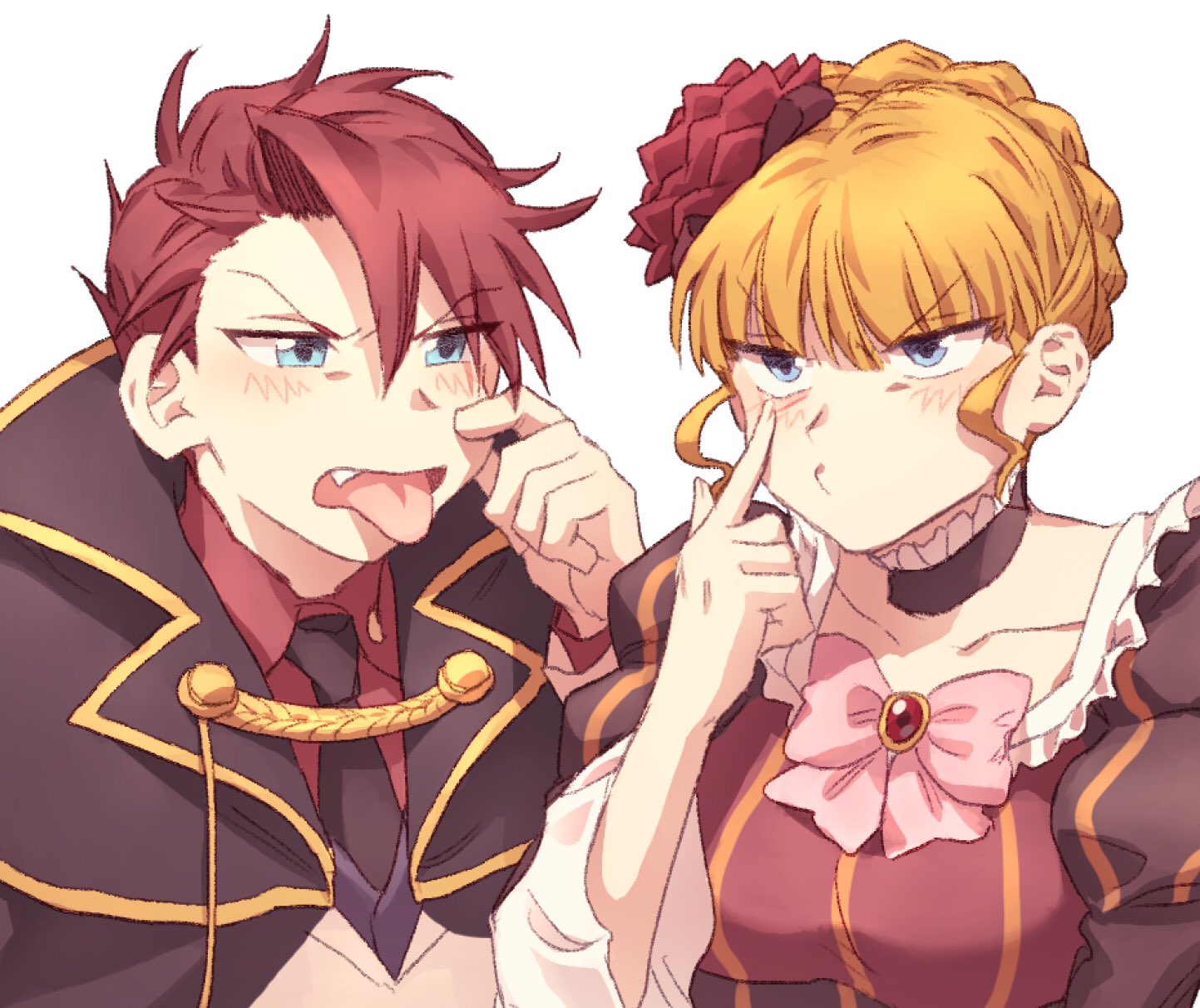 hswoimuxk0pwr0h (bbdan), beatrice (umineko), ushiromiya battler, umineko no naku koro ni, highres, 1boy, 1girl, black necktie, blonde hair, blue eyes, bow, closed mouth, collarbone, collared shirt, fang, flower, gem, hair flower, hair ornament, looking at another, necktie, pink bow, red flower, red gemstone, red hair, red rose, red shirt, rose, shirt, short hair, sidelocks, simple background, tongue, tongue out, upper body, v-shaped eyebrows, white background