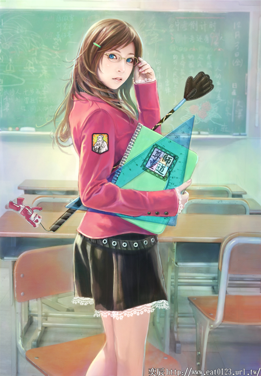 eat, eat0123, original, 1girl, adjusting eyewear, blue eyes, board eraser, brown hair, chalkboard, classroom, desk, female focus, glasses, hair ornament, hairclip, indoors, lips, looking back, nail polish, photorealistic, pink nails, realistic, school, school desk, skirt, solo