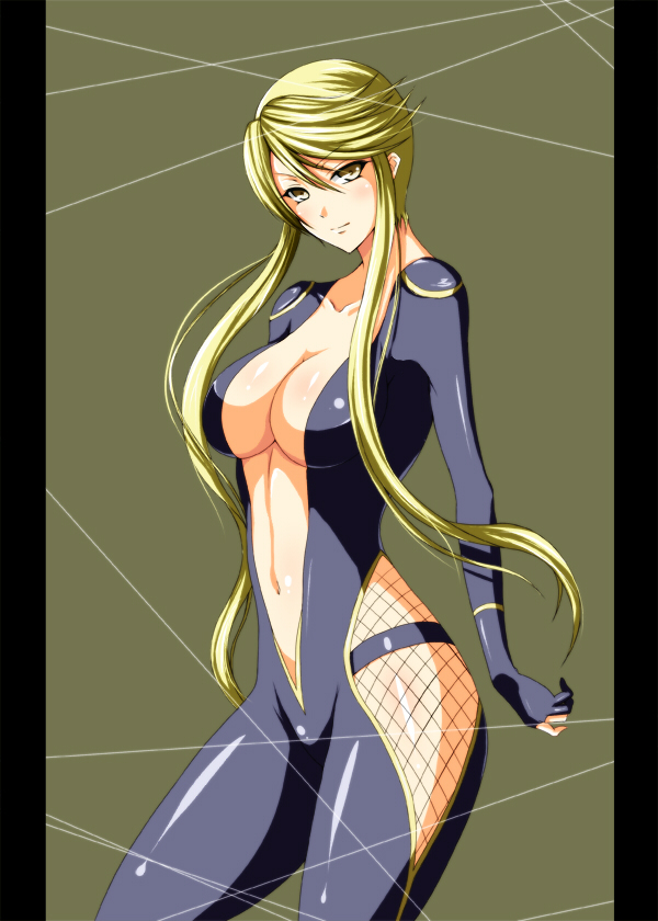 iwamoto eiri, kasuga (sengoku basara), sengoku basara, bad id, bad pixiv id, 00s, 1girl, bare hips, blonde hair, bodysuit, breasts, center opening, cleavage, female focus, fishnets, large breasts, long hair, skinny, slender, solo, yellow eyes