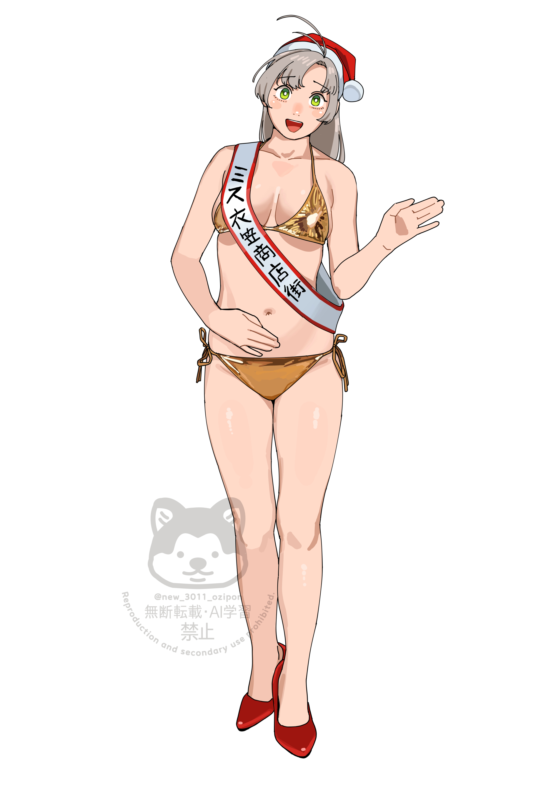 ojipon, kinugasa (kancolle), kinugasa kai ni (kancolle), kantai collection, absurdres, highres, translation request, 1girl, antenna hair, bikini, breasts, cleavage, clothes writing, full body, gold bikini, green eyes, grey hair, hand on own stomach, hat, high heels, looking at viewer, medium breasts, medium hair, red shoes, santa hat, sash, shoes, shoulder sash, side-tie bikini bottom, simple background, smile, solo, swimsuit, watermark, white background