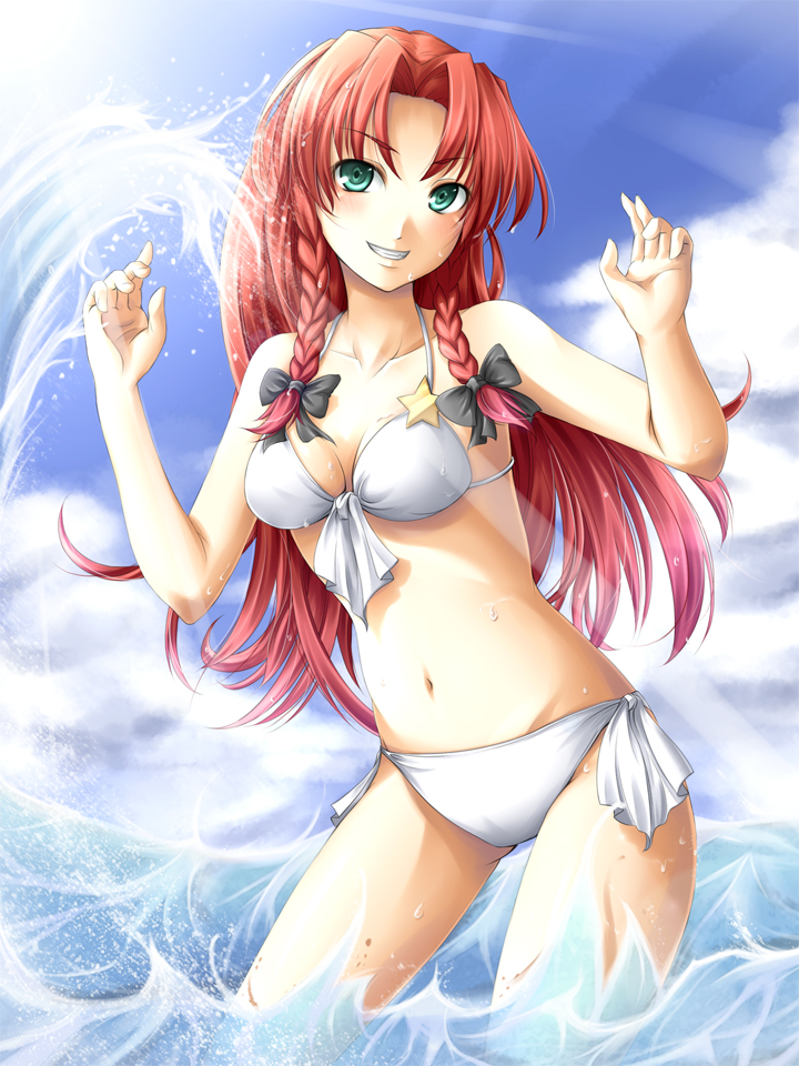 mochi.f, hong meiling, embodiment of scarlet devil, touhou, bad id, bad pixiv id, 1girl, bikini, braid, day, female focus, green eyes, long hair, red hair, solo, swimsuit, twin braids, water, white bikini