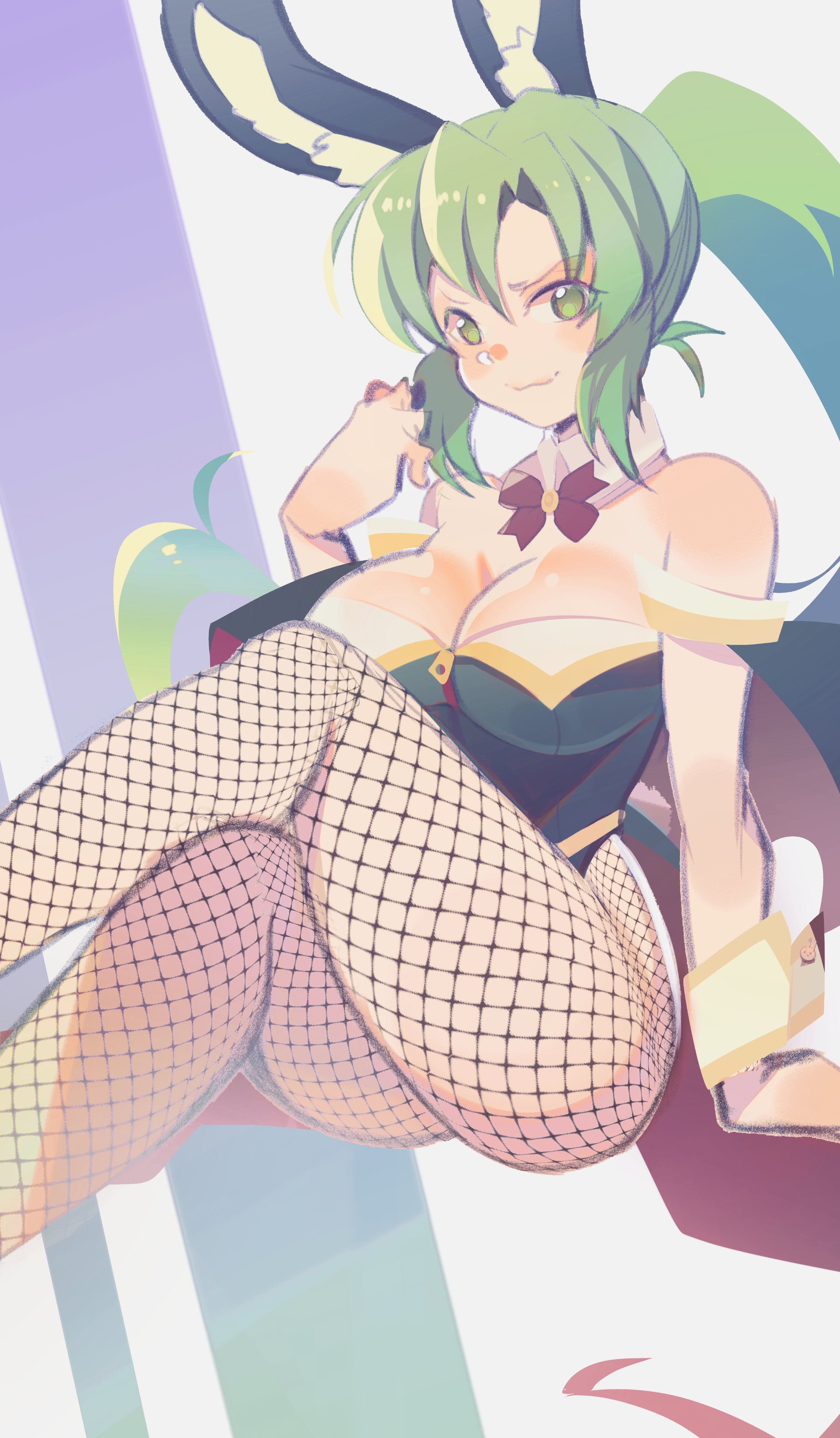 sonozaki mion, higurashi no naku koro ni, absurdres, highres, 1girl, animal ears, bow, breasts, cicococo, detached collar, fishnet pantyhose, fishnets, green eyes, green hair, large breasts, long hair, looking at viewer, pantyhose, ponytail, rabbit ears, rabbit girl, smile, solo